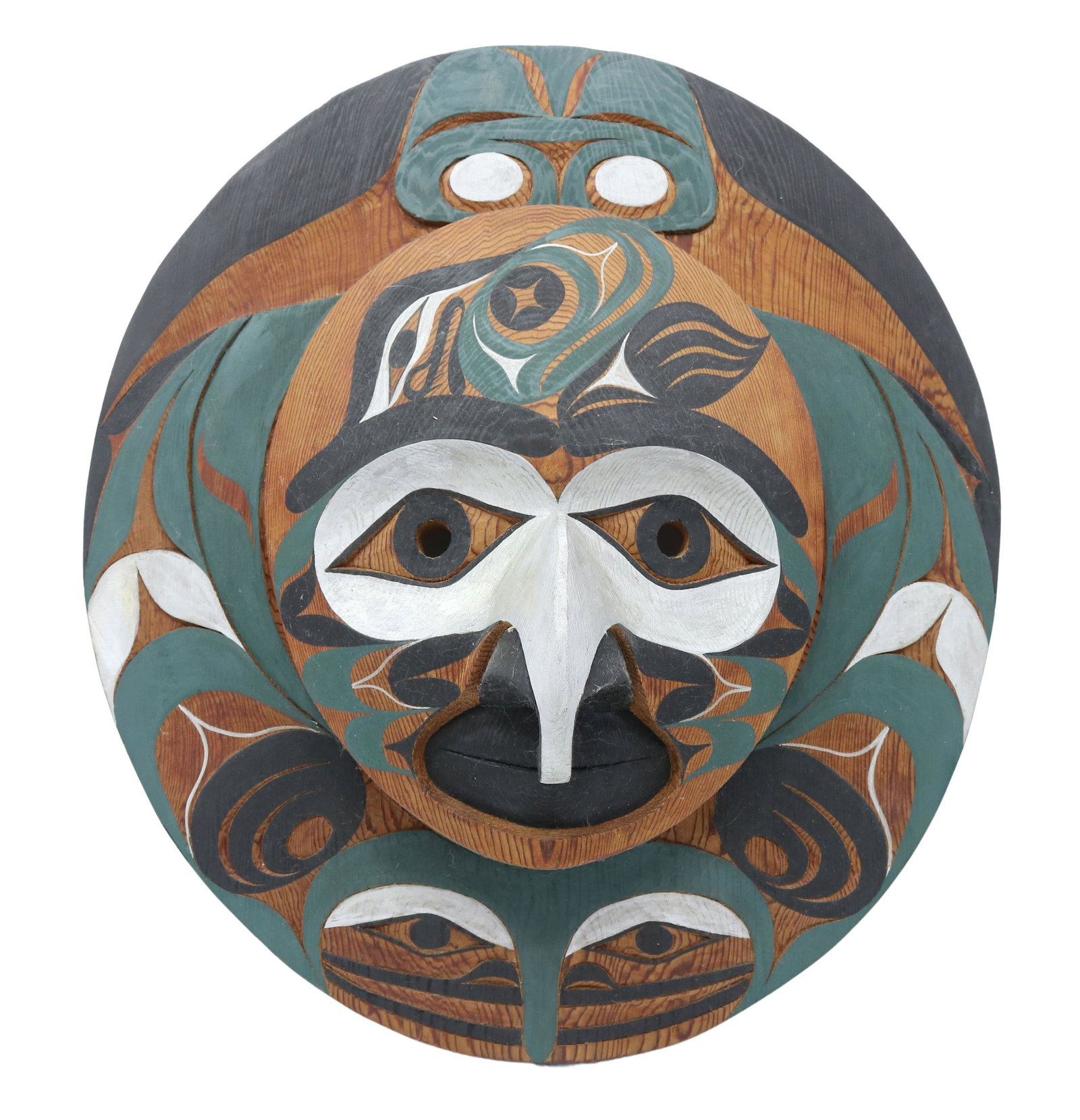 TIM PAUL NUU-CHA-NULTH THUNDERBIRD & WHALE MASK: Native American Pacific Northwest carved and painted wood mask, "Thunderbird and Whale," signed to reverse Tim Paul (Nuu-cha-nulth/ Hesquiaht Nation, Vanvcouver Island, b.1960), approx 19.5"h, 17.5"w 