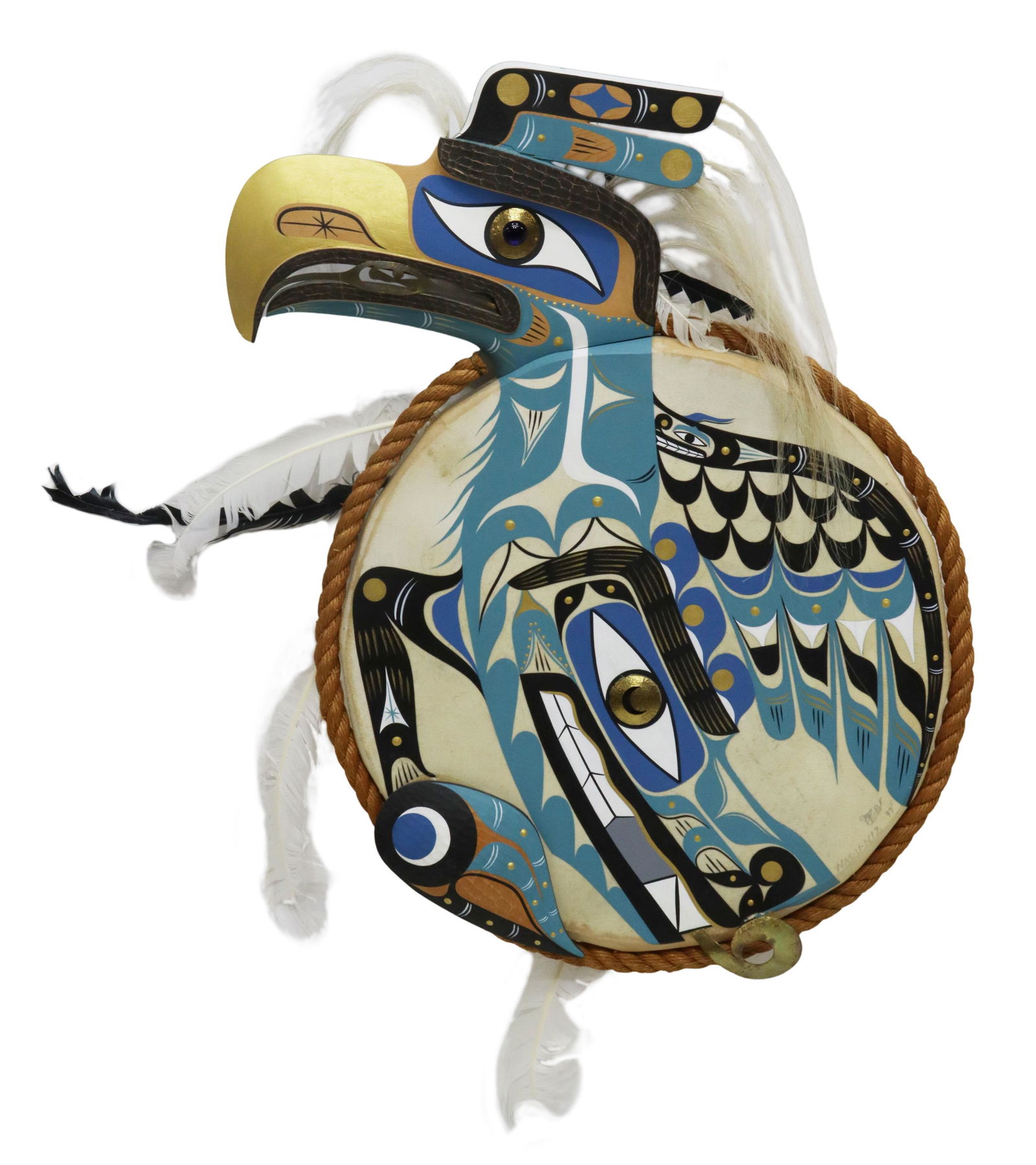 NAS-U-NIZ (GEORGE HUNT) MOWACHAHT PAINTED DRUM: Native American Pacific Northwest drum, "Thunderbird & Lightning Snake," signed verso Naz-u-niz (George Hunt Jr., Mowachaht/ Nuu-cha-nulth tribe, b.1958), dated 1997, approx 28.5"h, 20"w, 4lbs Start P