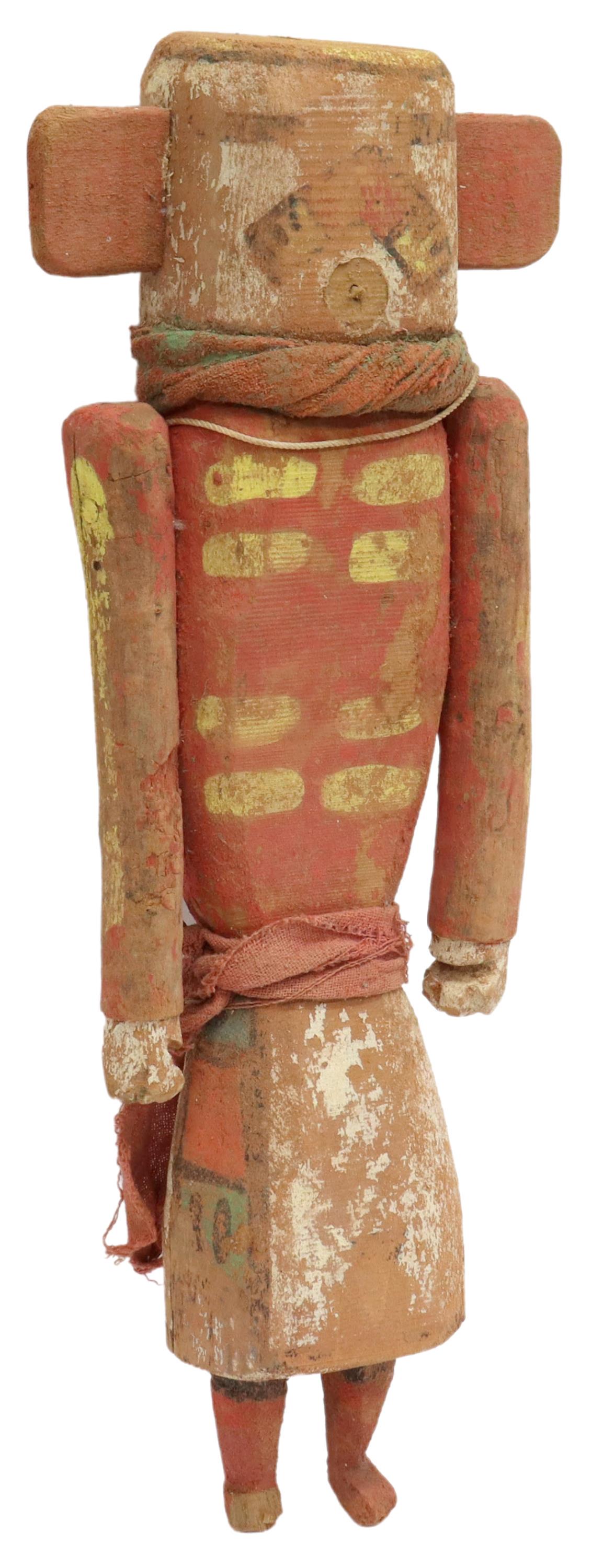 LARGE SOUTHWEST STYLE CORN KACHINA DANCER, 17"H: Large decorative modern Southwest style Kachina, Corn Dancer, worn painted cloth body with corn depictions, wood split at back, approx 17"h, 7"w, 3"d Start Price: $400.00