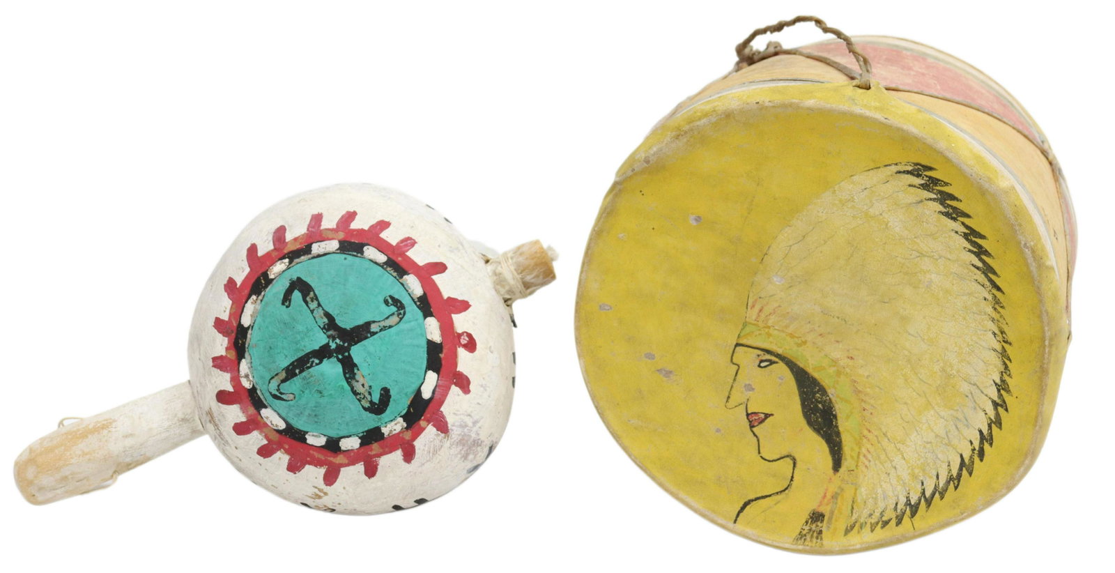 2)HOPI PAINTED GOURD SEED RATTLE & TAOS STYLE DRUM: (lot of 2) Southwest items, c. 2nd quarter 20thc.: (1) small Taos-style drum, deer hide heads lashed by hide cordage, one head depicting a man wearing a Plains-style feather bonnet, the opposite side 