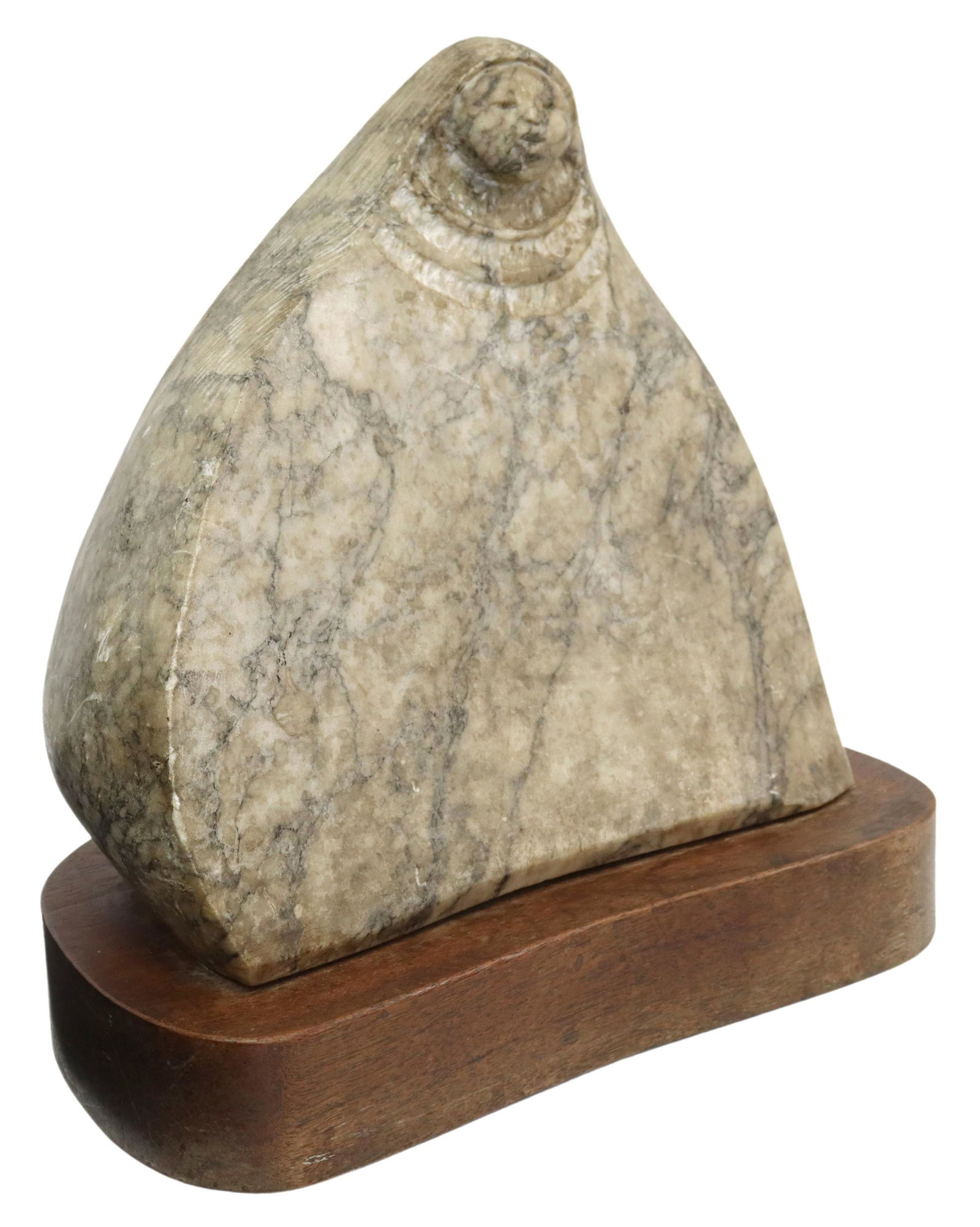 FRANK McGUIRE (NM, B.1938) STONE SCULPTURE: Southwest carved stone sculpture, Native American Woman, signed lower left McGuire (Frank McGuire, Taos, New Mexico, b.1938), depicting a female figure with long hair and necklaces, abstract cloaked b