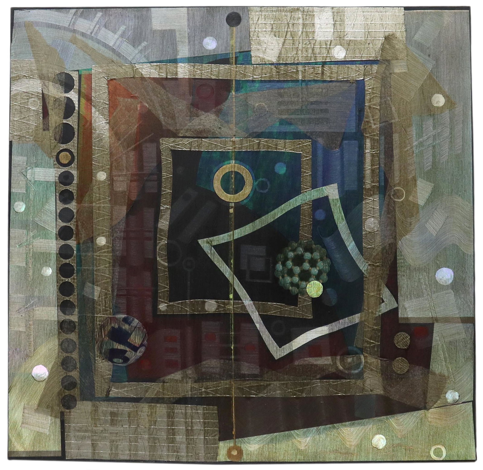 ANTONIO ARELLANES JR. (NM, D.2008) 'LUMENSPHERE': Unframed mixed media painting on stretched canvas, "Lumensphere," signed verso Antonio Arellanes Jr. (New Mexico, d.2008), titled and dated 7.16.96, overall: 36"h, 36"w, 5lbs Start Price: $100.00