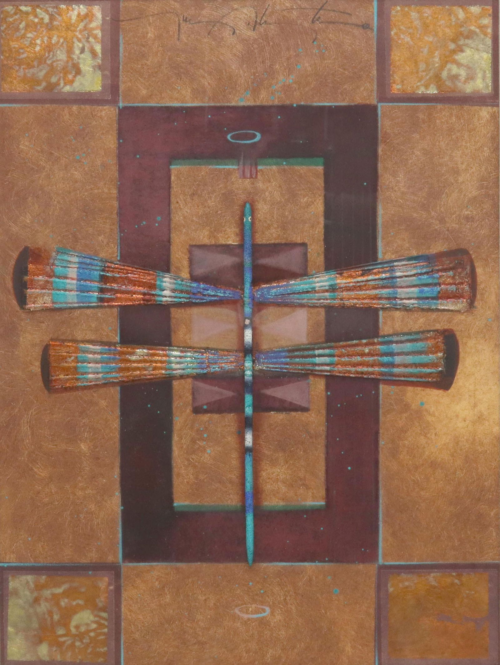 TONY ABEYTA (NAVAJO, B.1965) MIXED MEDIA DRAGONFLY: Framed mixed media painting, Dragonfly, signed upper center Tony Abeyta (Antonio Abeyta, Navajo, New Mexico, b.1965), sight: 23.5"h, 17"w, overall: 30.75"h, 24.75"w, 10.25lbs Start Price: $400.00