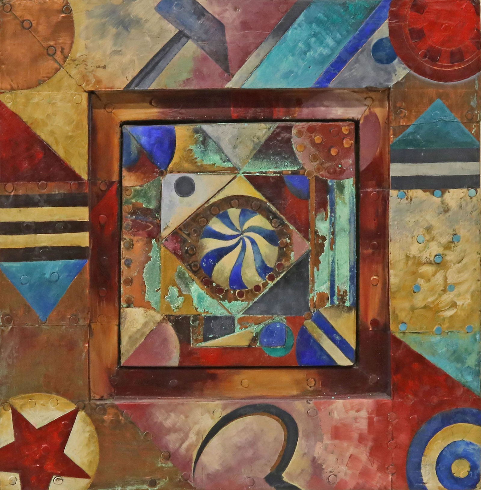 TONY ABEYTA (NAVAJO, B.1965) PAINTING ON COPPER: Framed oil on copper painting, "Composition of an American Pastime," signed verso Tony Abeyta (Antonio Abeyta, Navajo, New Mexico, b.1965), titled and dated 1996, sight: 16"h, 16"w, overall: 23.5"h, 2