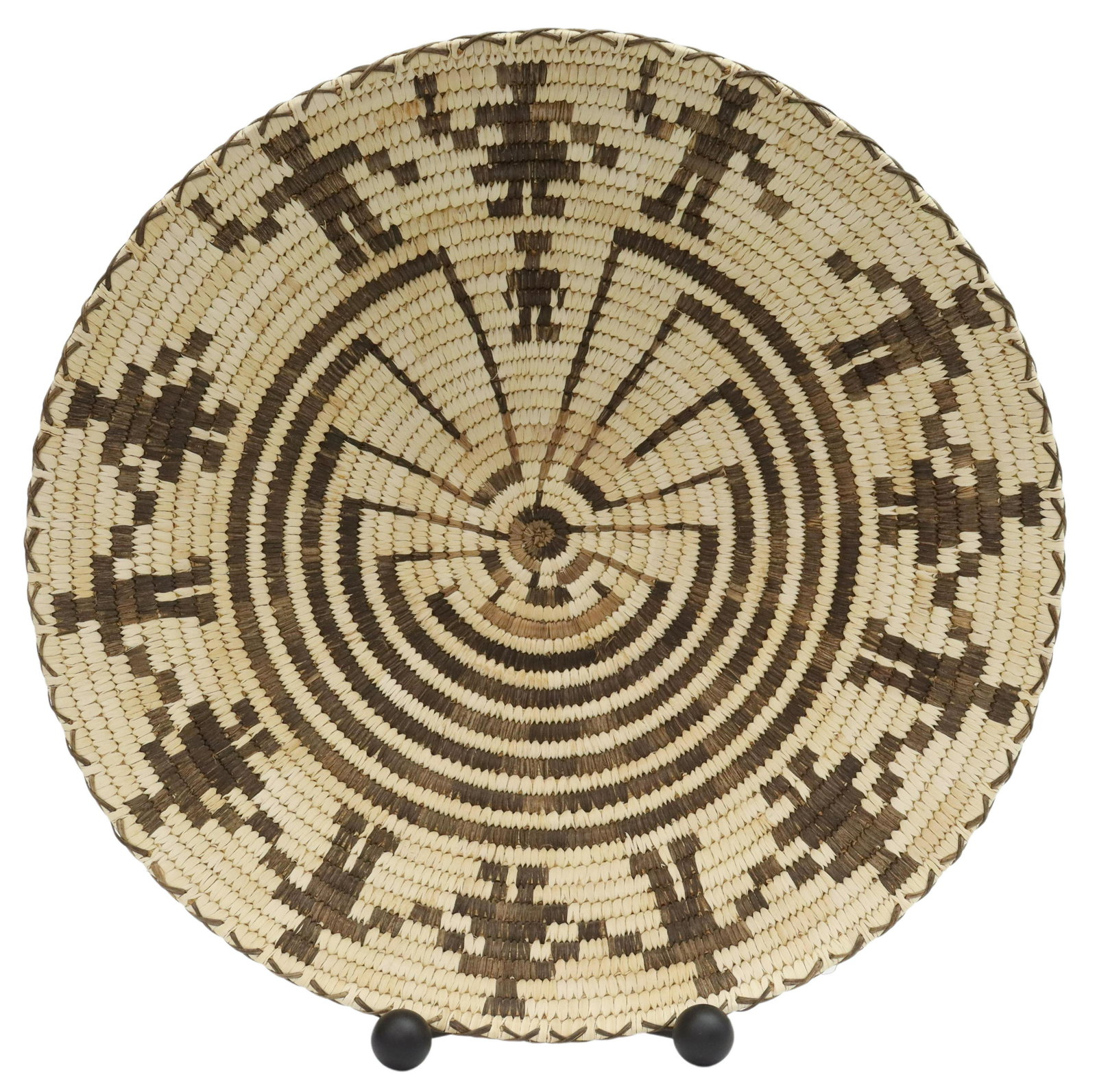 MARIAN CRUZ TOHONO O'ODHAM NATION COILED BASKET: Native American Papagos coiled plaque basket, Marian Cruz (Tohono O'Odham Nation, Arizona, 20th c.), depicting the man in the maze, friendship dancers, and medicine people motifs, presented on painted