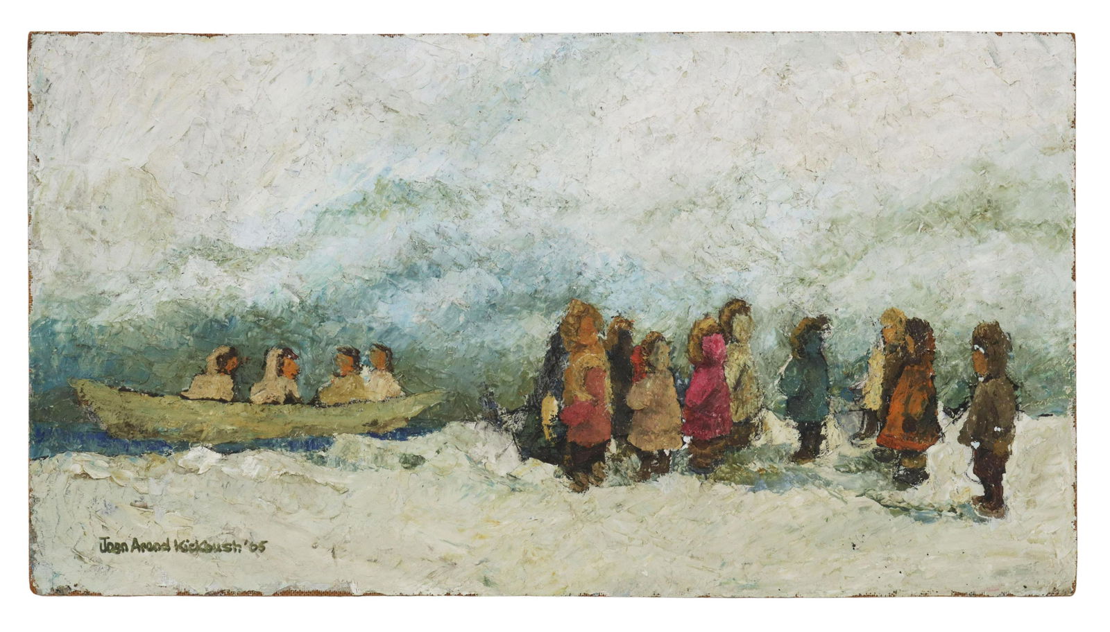 JOAN AREND KICKBUSH (1926-2006) INUIT PAINTING: Unframed oil on Masonite painting, Inuit Fishing Party, signed lower left Joan Arend Kickbush (Wisconsin, 1926-2006), dated 1965, approx 16.25"h, 30"w, 3lbs Start Price: $150.00