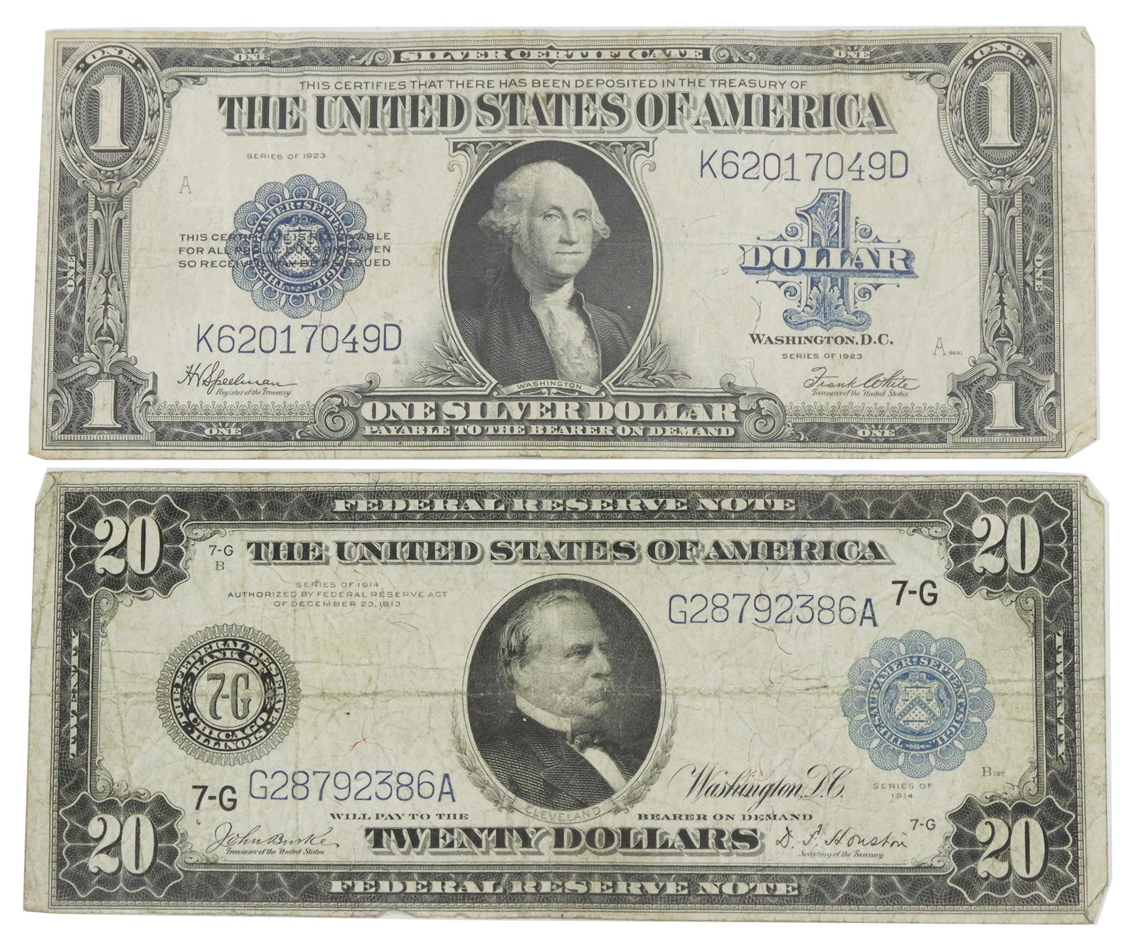 2) US LARGE BILLS, SERIES 1914 $20, SERIES 1923 $1: (lot of 2) U.S. Currency, including: (1) Federal Reserve Note, Twenty Dollars ($20), Series of 1914, signatures of Burke and Houston; (1) Silver Certificate, One Dollar ($1), Series of 1923, signature