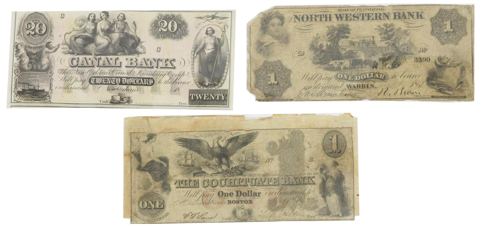 (4) OBSOLETE BANK CURRENCY, CANAL BANK, N. WESTERN: (lot of 4) Bank currency and checks, including: (1) Canal Bank, New Orleans, $20, c.1800s, unsigned, undated, appears uncirculated, figural vignettes, bright color at reverse, (1) Canal Bank, New Orle