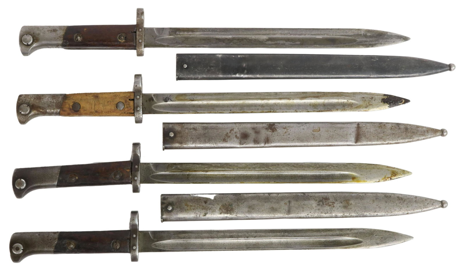 (4) CZECH MODEL VZ24 BAYONETS: (lot of 4) Czechoslovakia Model VZ24 bayonets, markings at the ricasso of each include CSZ, blades approx 11.75"l, some cosmoline present, (one) lacking scabbard, overall: approx 17.5"l; 4.75lbs total
