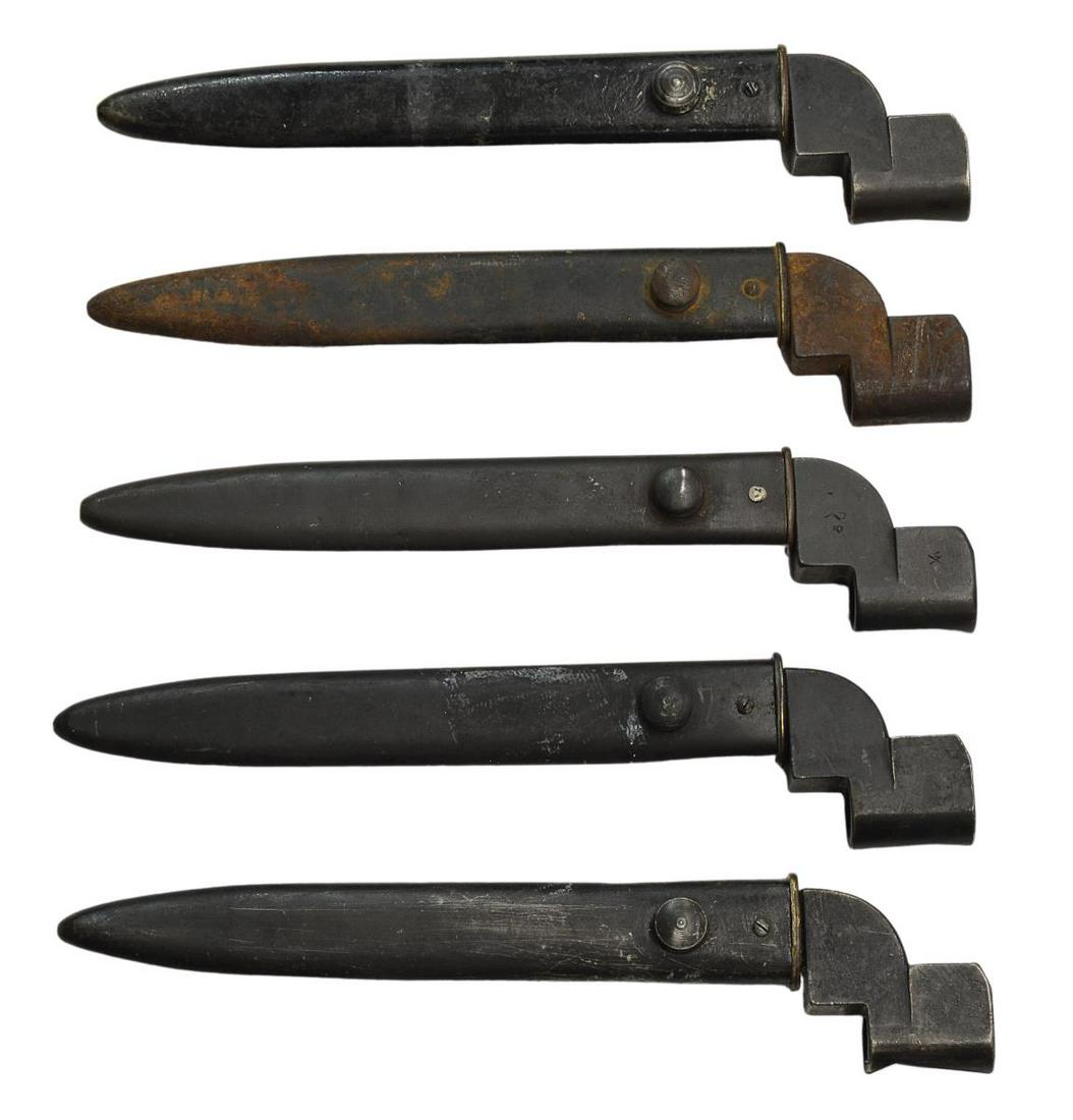 (5) BRITISH NO. 9 MK1 BAYONETS: (lot of 5) British No. 9 MK1 spike bayonets with scabbards, one with substantial surface rust, blade: 8"l, overall with scabbard: 11"l, total: 4.95lbs Start Price: $80.00