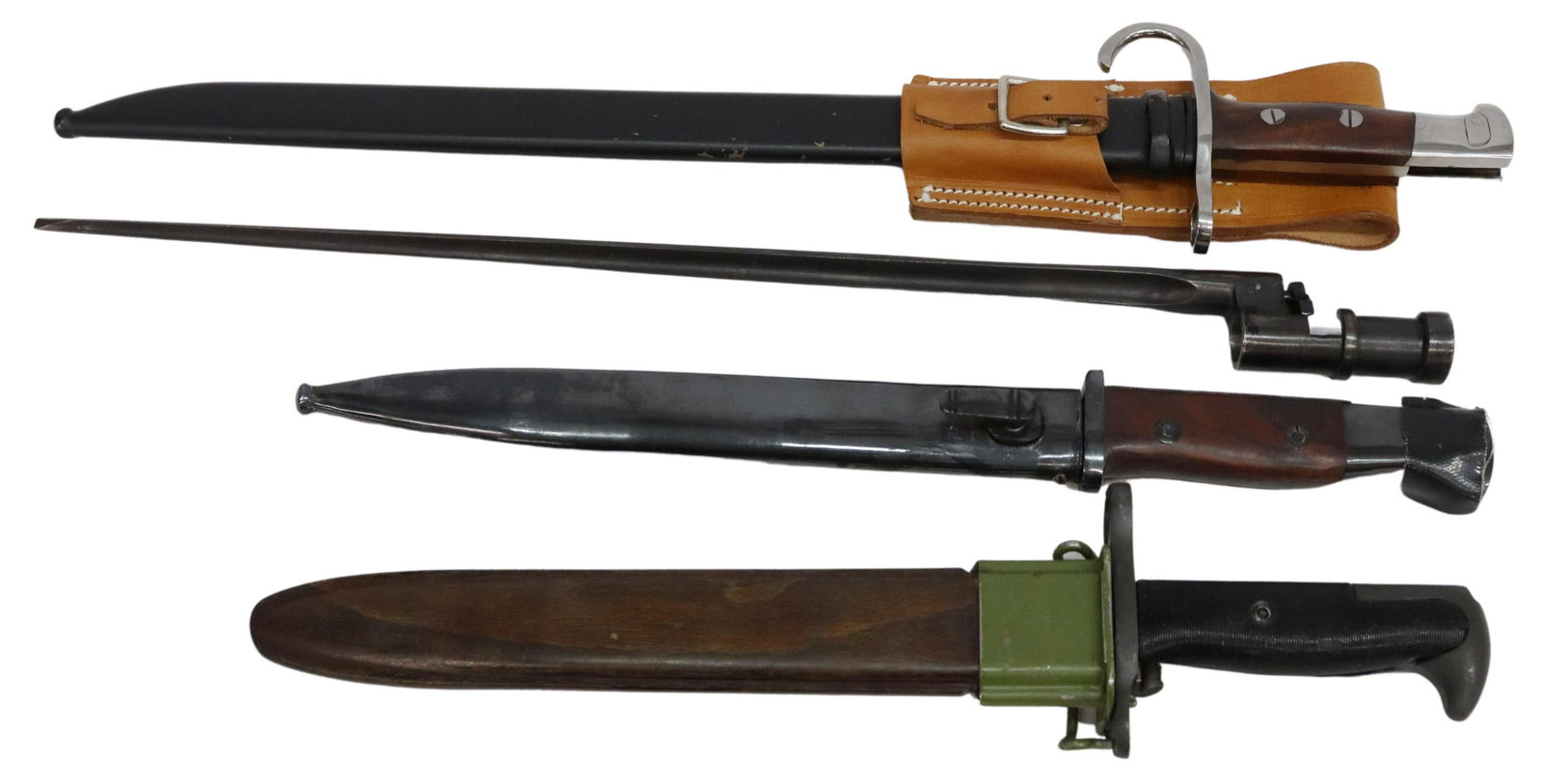 (4) MILITARY RIFLE BAYONETS: (lot of 4) Bayonets: (1) Danish marked at the ricassof U.C. over U.S., 10"blade, scabbard marked crown over F.K.F., overall: 15.5"l; (1) Russian 1891/30 socket bayonet, Izhevsk Arsenal mark arrow in t