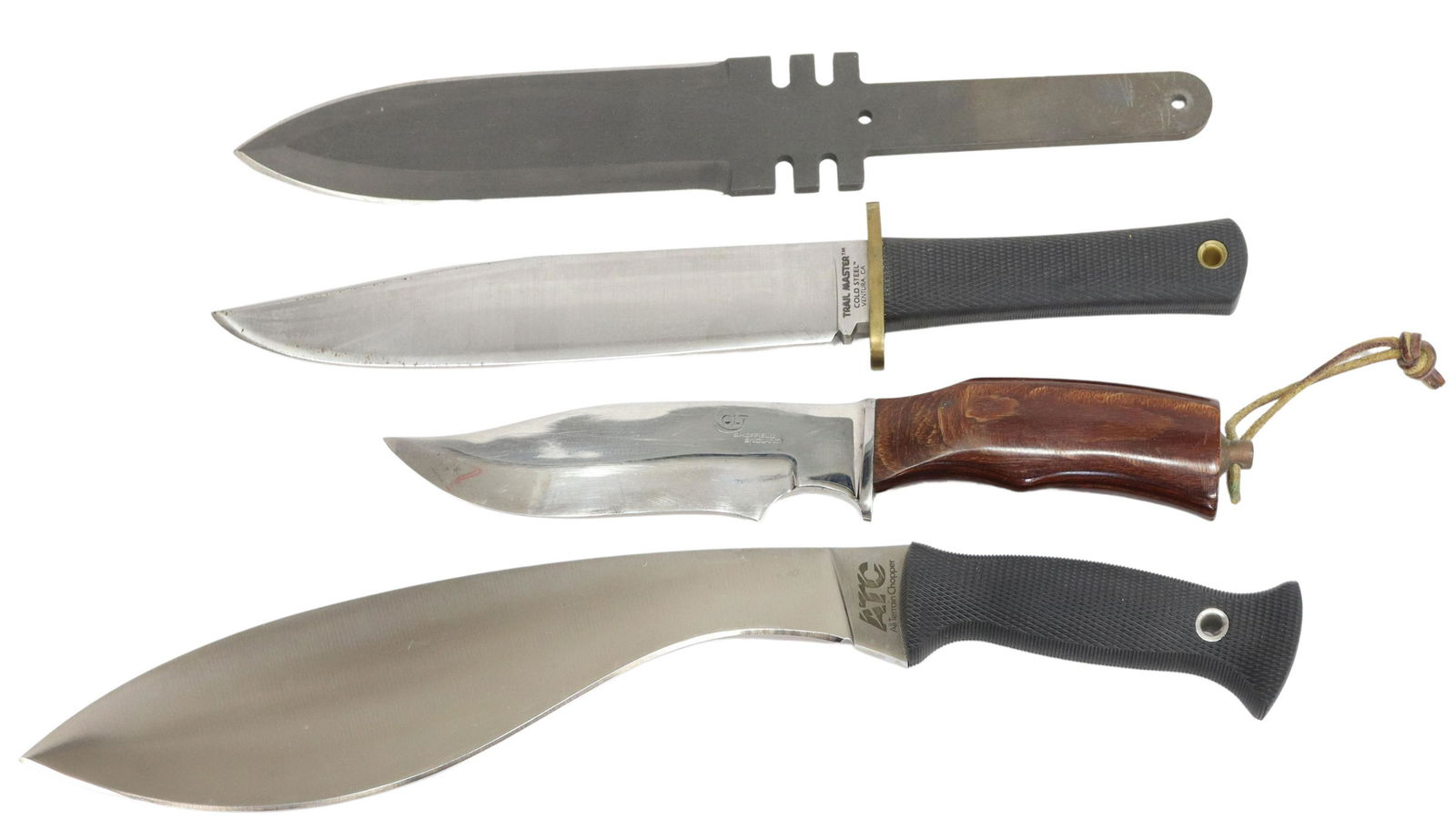 (4) FIXED KNIVES, COLT, TRAIL MASTER, COLD STEEL: (lot of 3) Knives: (1) Colt, 6.75"l fixed blade marked at one side "Colt, Sheffield, England", the opposite side with Rampant Colt, wood grip, housed in Colt leather scabbard, overall: 13"l; (1) Trail