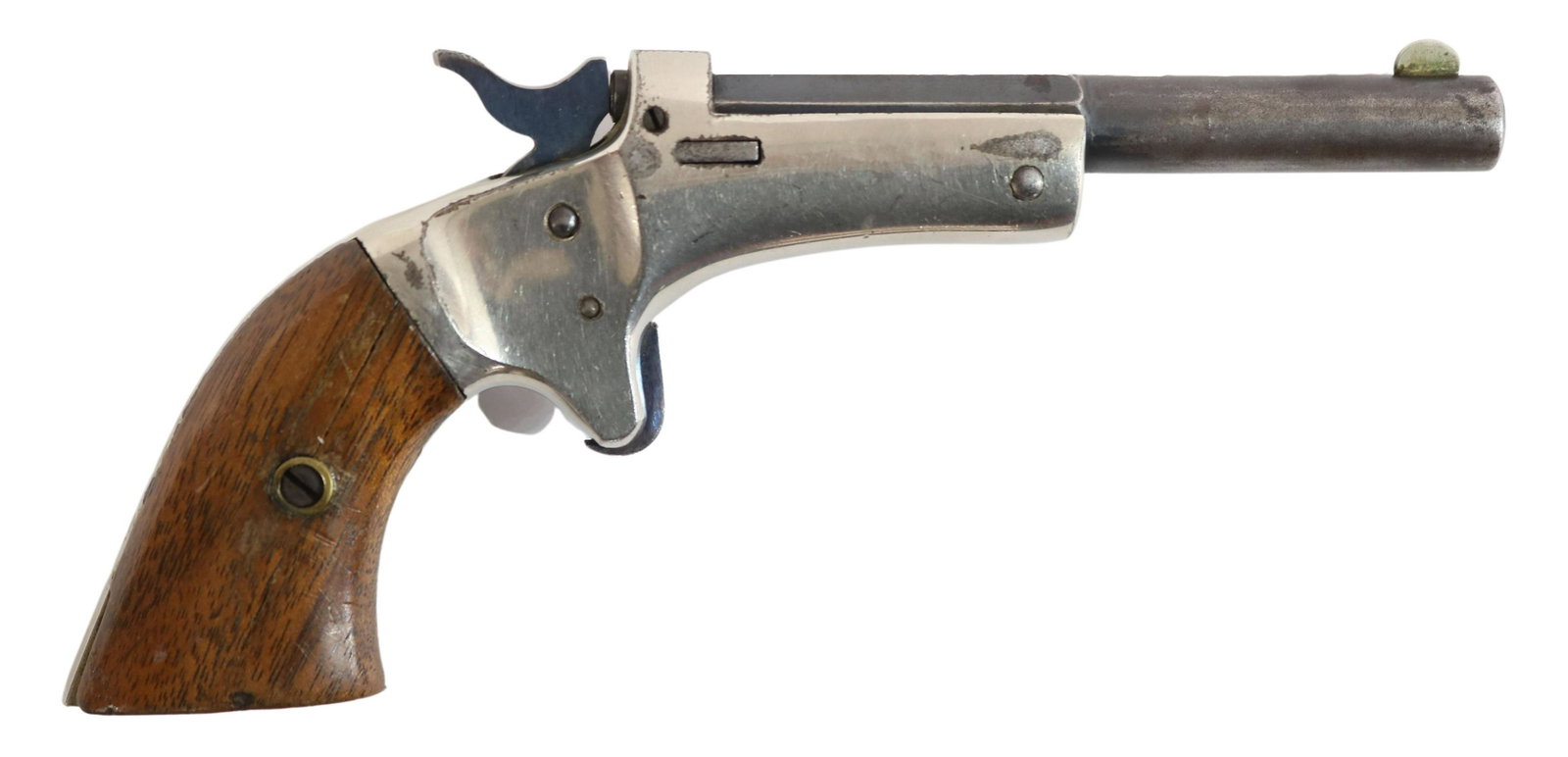 STEVENS TIP UP .22 CALIBER PISTOL: Stevens Tip Up pistol, .22 caliber, 3.5" barrel, nickel frame, hardwood grips, two matched serial numbers, SN 239XX Start Price: $100.,00