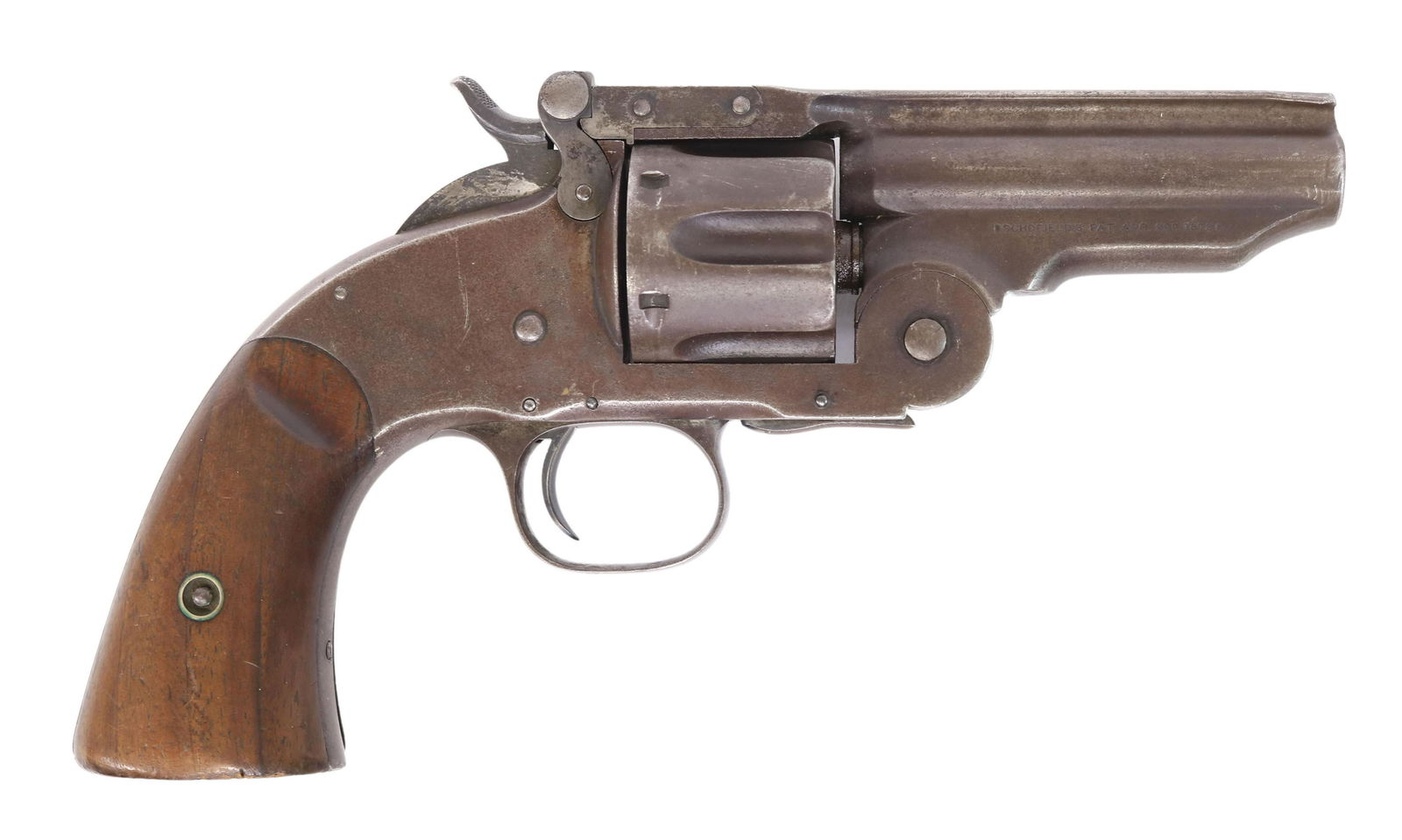 S&W SECOND MOD SCHOFIELD MILITARY ISSUE REVOLV .45: Smith & Wesson Second Model Schofield single action top break military issue revolver, .45 S&W Schofield caliber, six round cylinder, 3.5" reduced length barrel thus lacking front sight, two line addr