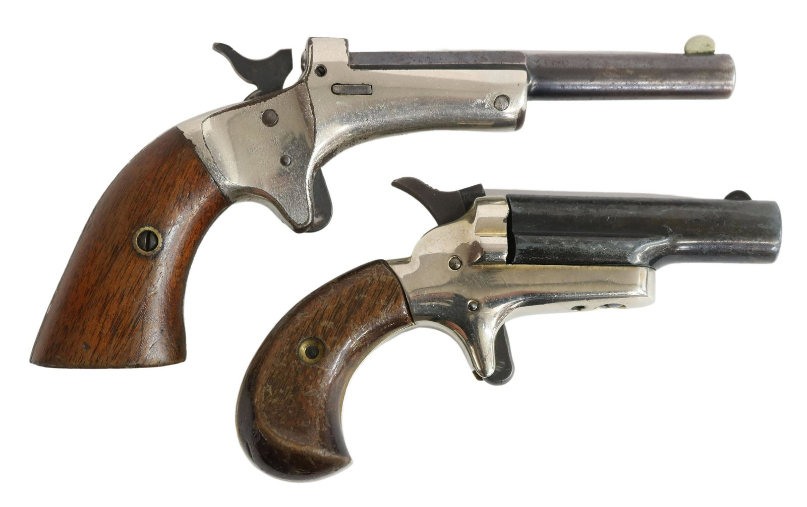 (2) STEVENS NO. 41, COLT 3RD MOD, .22 CAL. PISTOLS: (lot of 2) Pocket pistols: (1) J. Stevens No. 41 Tip-Upm 5th Model, .22 single shot, 3.5" part octagonal, part round barrel, silver tone iron frame, hardwood grips, SN 41XXX; (1) Colt Third Model Deri