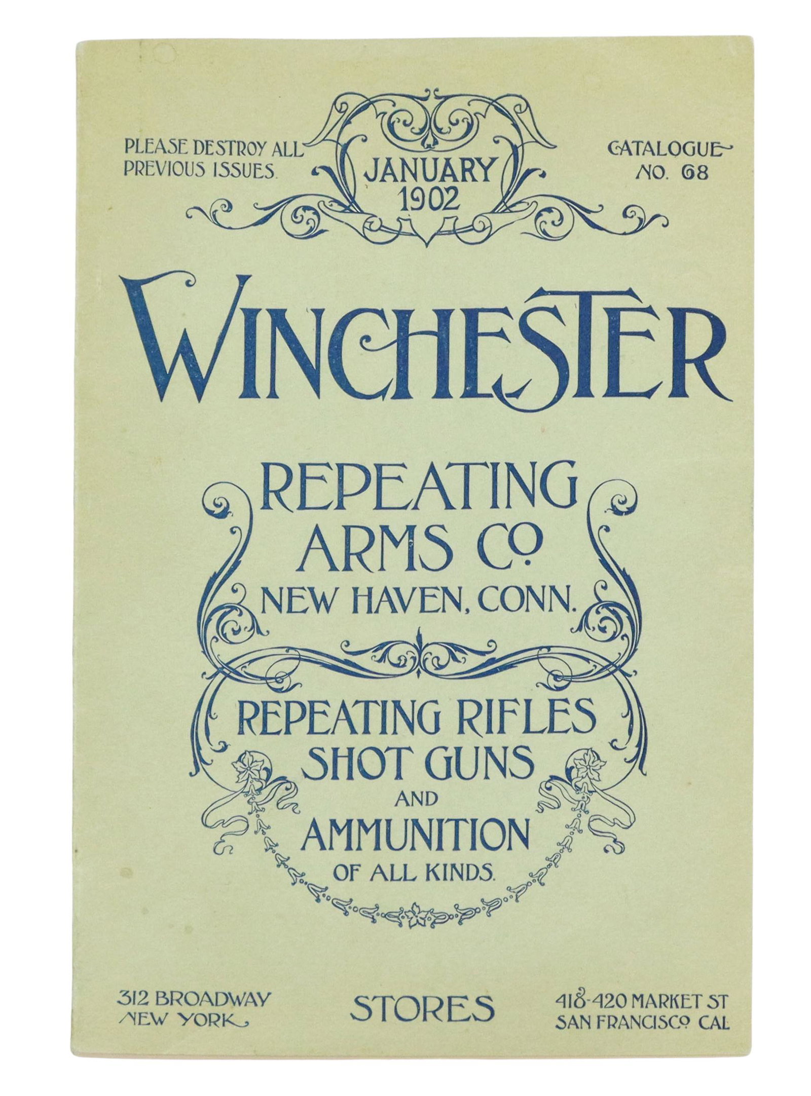 ORIGINAL WINCHESTER JANUARY 1902 ARMS CATALOG: Winchester Repeating Arms Co. January 1902 catalog, 164 numbered pages illustrated with firearms and ammunition including Model 1873 Carbine, $17.50, the 1890 take down slide action .22 rifle $16.00, 