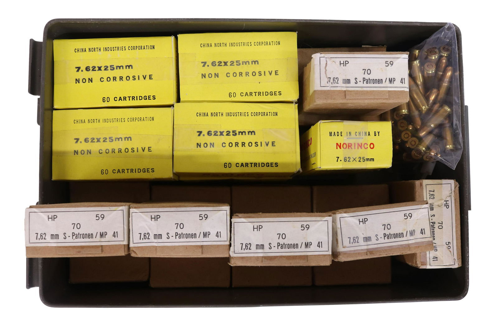 AMMO, 1380 RNDS 7.62 x 25, NORINCO & AUSTRIA: Ammunition, 7.62 x 25, 1380 rounds: 540 rounds in Norinco boxes; 840 rounds (likely Austria mfg.), housed in unassociated military metal case, purchaser must be at least 18 year old, no shipping, *PIC
