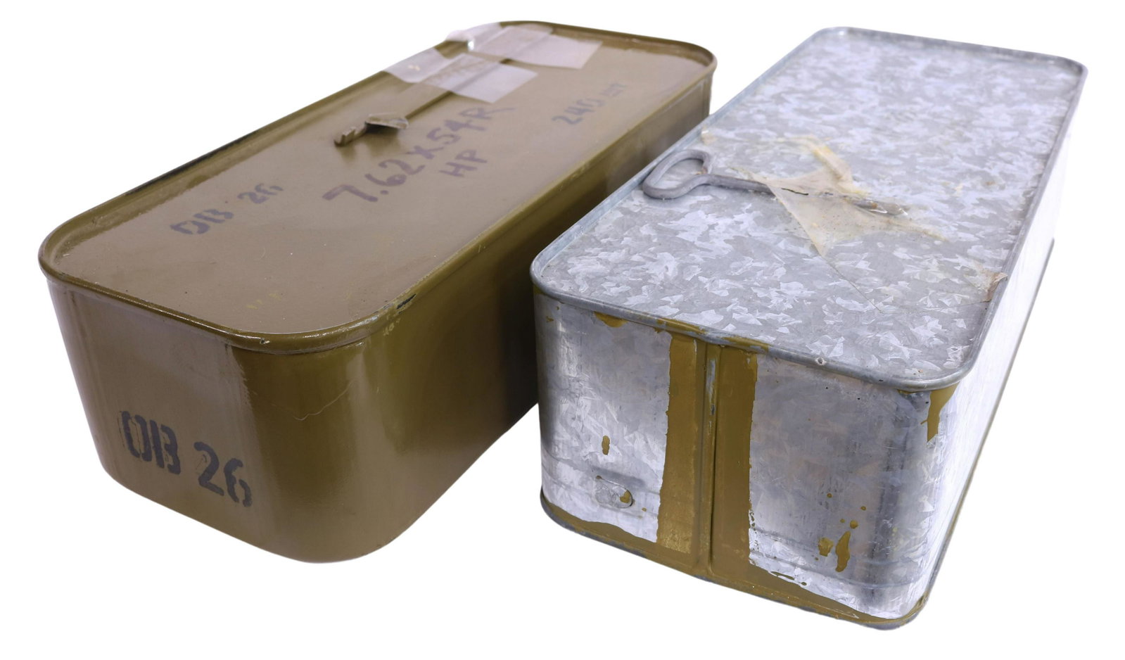 (2 TINS) AMMO 540 ROUNDS, 7.62 x 54, UNOPENED TINS: (2 Tins) Ammunition,believed to be 540 rounds, rounds, 7.62 x 54, housed in two unopened tins, one container marked 240 rounds, the other Chinese and illegibly marked but believed to be 300 rounds, pu