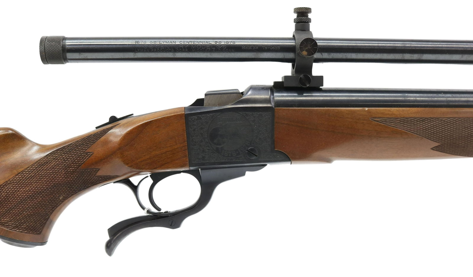 CASED RUGER No 1 LYMAN RIFLE, 45-70 CAL, 34" SCOPE: Cased Ruger No. 1 Lyman Centennial II Rifle, 1878-1978, lever drop block, .45-70 caliber, 28" round barrel, walnut stock, Century Model 34" 4X scope with clear optics, reloading dies, cleaning rod, bu