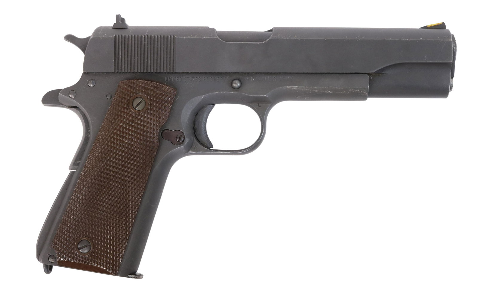 WWII REMINGTON 1911A1 U.S. ARMY PISTOL, .MFG 1943: Remington Rand Model 1911A1 pistol, .45 caliber, 5" barrel, marked at left slide "Remington Rand Inc., Syracuse, N.Y. U.S.A.," marked at right frame "United States Property M1911 A1 U.S. Army," detach