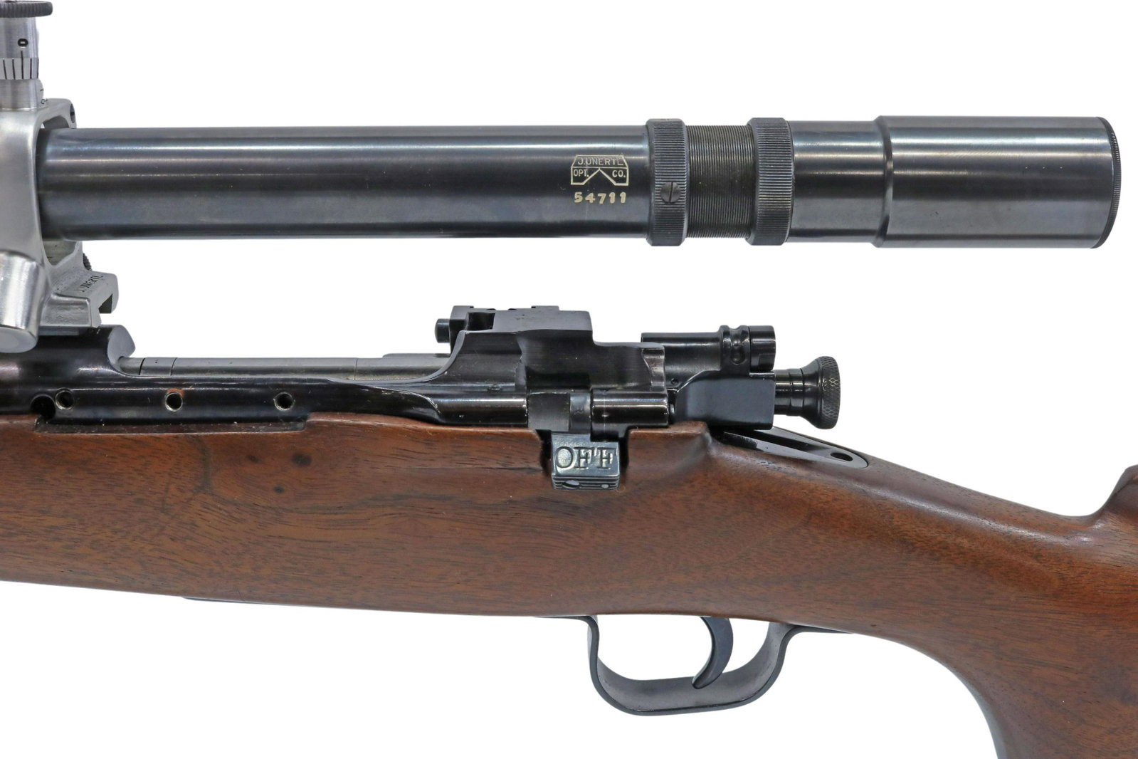 CUSTOM U.S. 1903 A3 RIFLE, UNERTL SCOPE: Custom Springfield Model 1903 A3 rifle, .30-06 caliber, bolt action, 22.25" barrel, hooded front sight, mounted Lyman sight block only, mounted Unertl 20X scope 26.5"long, hardwood stock with cheekpie