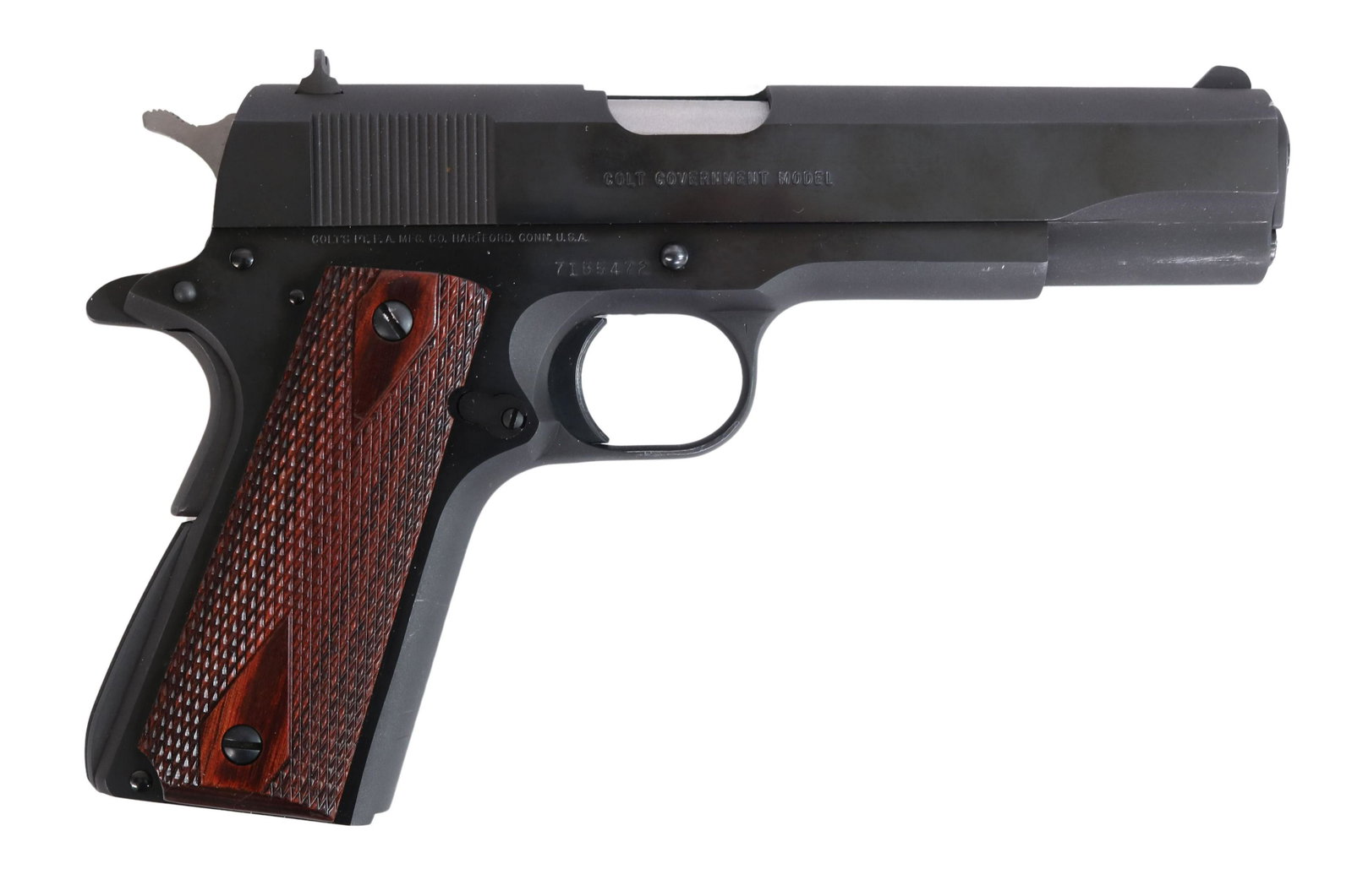 COLT MARK IV SERIES 70 GOVERNMENT MODEL .45 PISTOL: Colt Mark IV, Series 70 Government Model pistol, .45 caliber, 5" barrel, fixed sights, checkered grips, three magazines, lock, original Colt blue box and outer shipping box, SN 71B54XX *REQUIRES FFL T