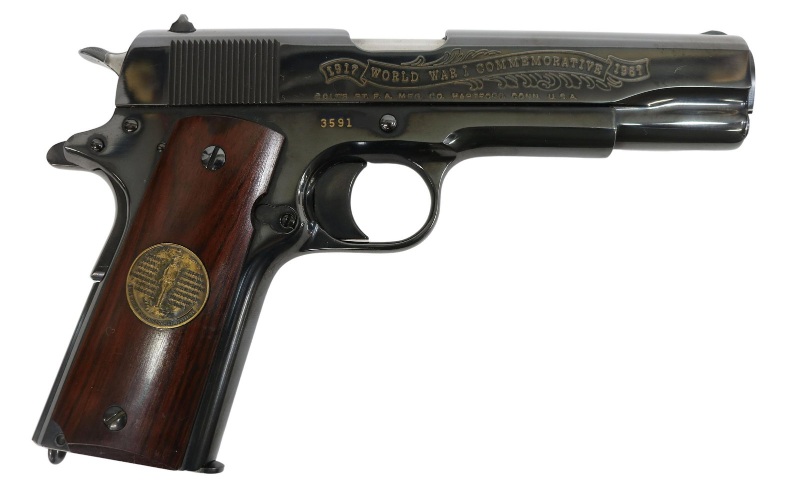 COLT M1911 WW1 COMMEMORATIVE .45 PISTOL: Colt Model 1911 World War 1 Meuse-Argonne Commemorative pistol, .45 caliber, 5" barrel, wood grips with WWI commemorative medals and Meuse-Argonne, plate right slide with banner 1916-1967, left slide 