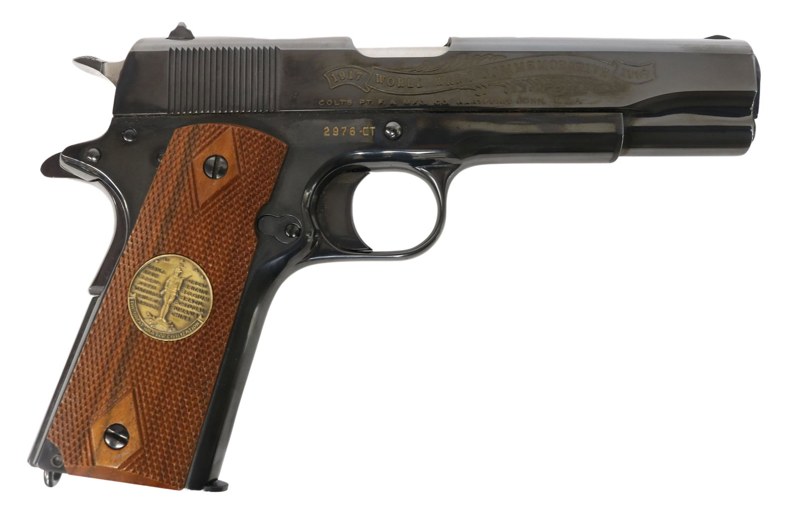 COLT M1911 WWI COMMEMORATIVE .45 PISTOL: Colt Model1911 World War 1 Meuse-Argonne Commemorative pistol, .45 caliber, 5" barrel, wood grips with WWI commemorative medals and Meuse-Argonne, plate right slide with banner 1916-1967, left slide w