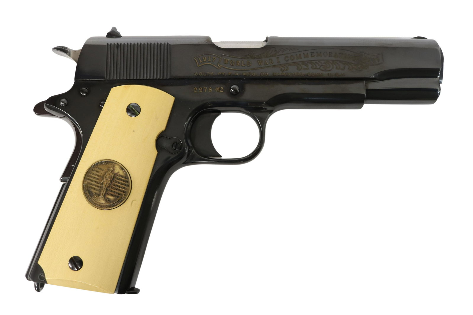 COLT M1911 WWI COMMEMORATIVE .45 PISTOL: Colt Model1911 World War 1 Meuse-Argonne Commemorative pistol, .45 caliber, 5" barrel, wood grips with WWI commemorative medals and Meuse-Argonne, plate right slide with banner 1916-1967, left slide w