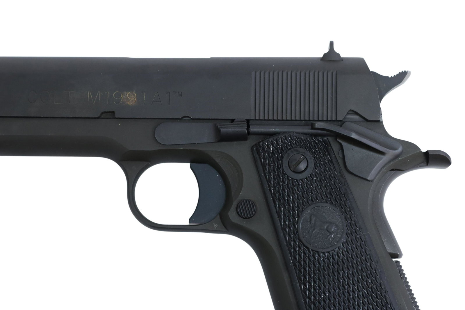 COLT M1991A1 PISTOL, .45 CAL: Colt Model 1991A1, Series 80, .45 caliber, 5" barrel, Parkerized black matte finish, black checkered grips, original Colt hard plastic box, and Colt outer cardboard box, SN 27143XX *REQUIRES FFL TRANS