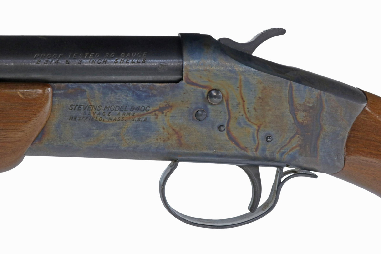 STEVENS M940C SHOTGUN, 20 GAUGE: Stevens Model 940C shotgun, 20 gauge, 2.75" and 3" chamber 28" barrel, case hard receiver, hardwood stock, right receiver engraved with dog and pheasant Start Price: $100.00
