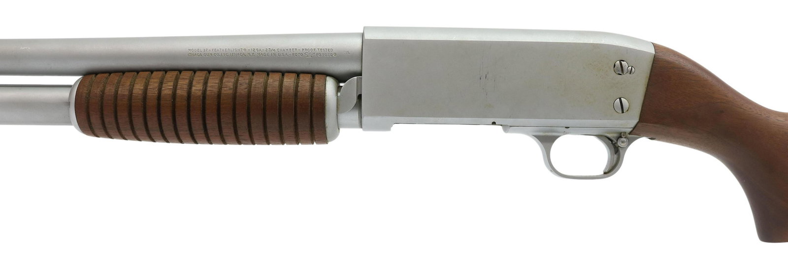 ITHACA M37 PUMP SHOTGUN, 12 GAUGE, FEATHERLIGHT: Ithaca Model 37 Featherlight shotgun, slide action, 12 gauge, 20" barrel, 2.75" chamber, smooth bore, matte nickel finish hardwood stock, SN 371679XXX *REQUIRES FFL TRANSFER* (29) *Provenance: Estate