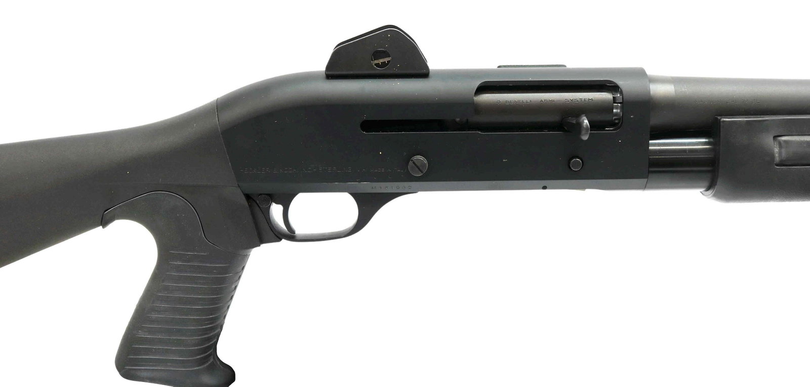 BENELLI M1 SUPER 90 12G SHOTUN, FLASHLIGHT, BLACK: Benelli Model M1 Super 90 shotgun, slide action, 12 gauge magnum, 19.5" barrel, tubular magazine, Laser Products Corp. shotgun foreend with flashlight, mounted six round TacStar shell saddle, composit