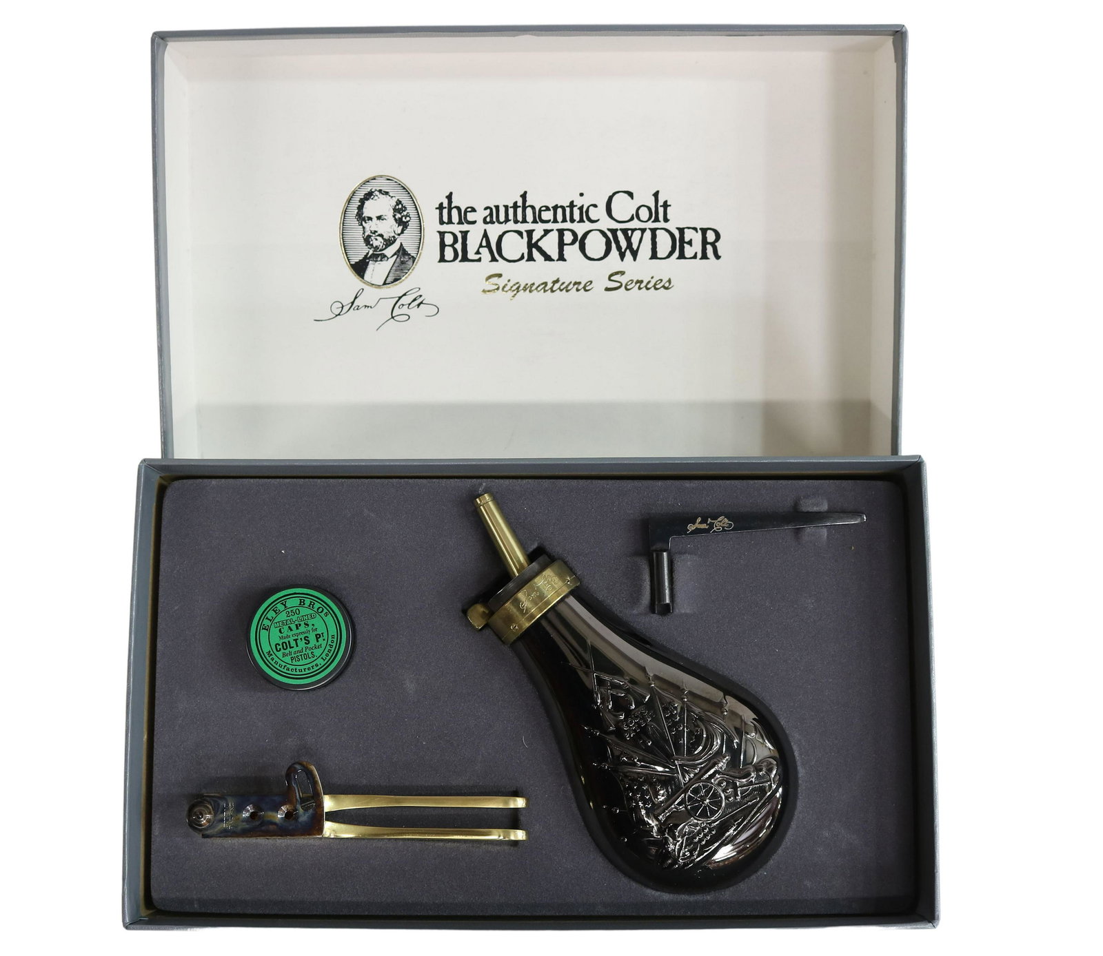 COLT BLACKPOWDER WALKER ACCESSORY KIT: Colt Blackpowder accessory kit including powder flask, bullet mold, cap box, and screw driver wrench, accessories housed in original Colt box, all unused, accessory box: 2.25"h, 12"w, 7.25"d, total: 1