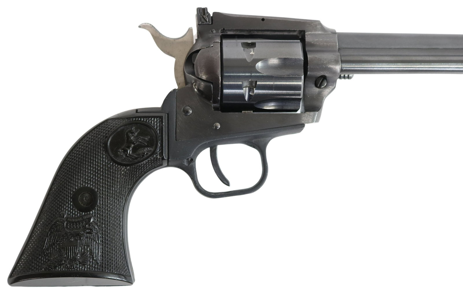 COLT NEW FRONTIER BUNTLINE .22 REVOLVER: Colt New Frontier Buntline revolver, .22LR caliber, 7.5" barrel, Colt logo black grips with eagle, SN G2230XX *REQUIRES FFL TRANSFER* Start Price: $300.00