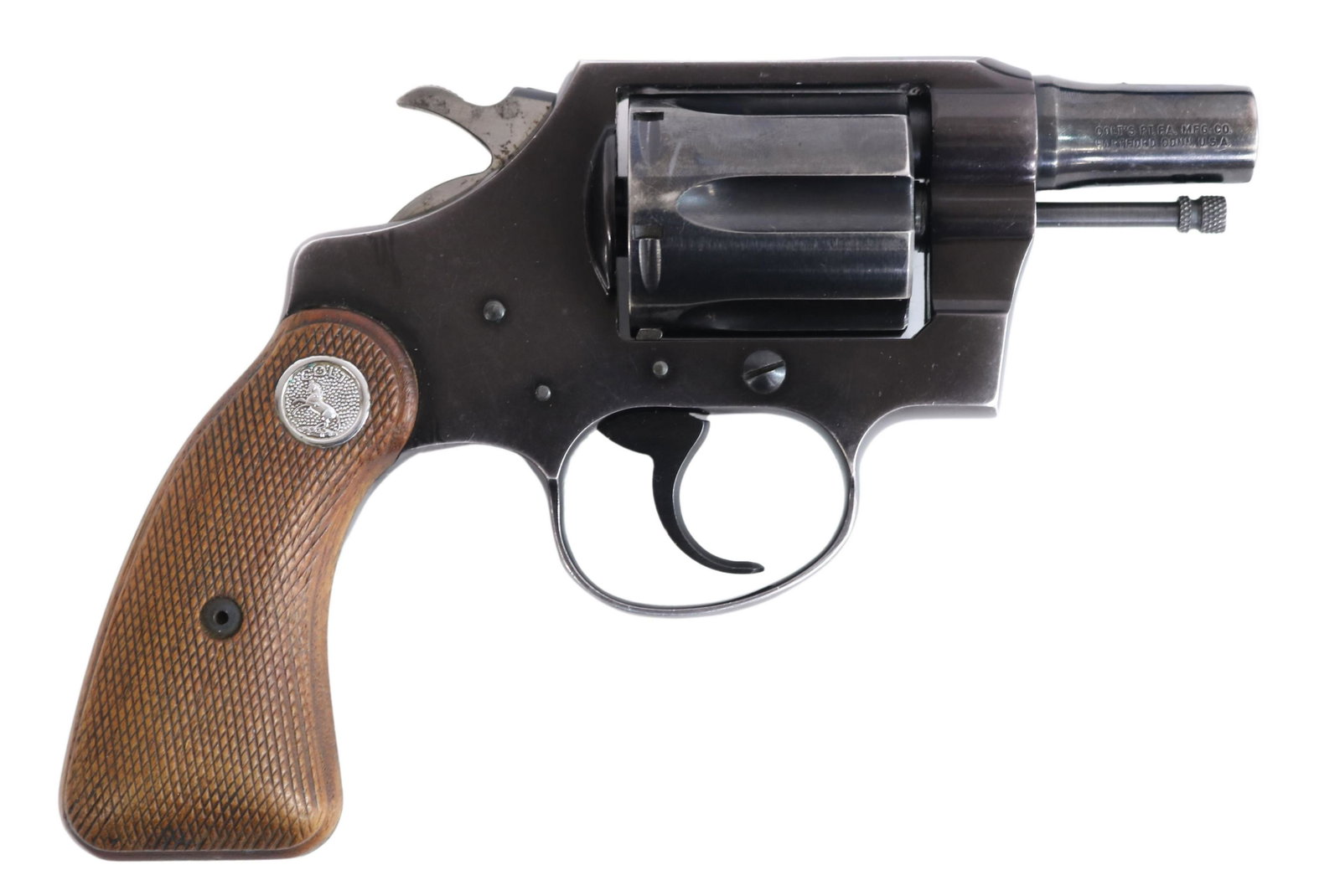 COLT COBRA .38 SPECIAL CALIBER REVOLVER, 2" BARREL: Colt Cobra revolver, .38 Special caliber, double action, six round swing out cylinder, 2" barrel, Colt brown checkered grips, lacking front sight, possibly removed to facilitate faster draw, SN 108XXX