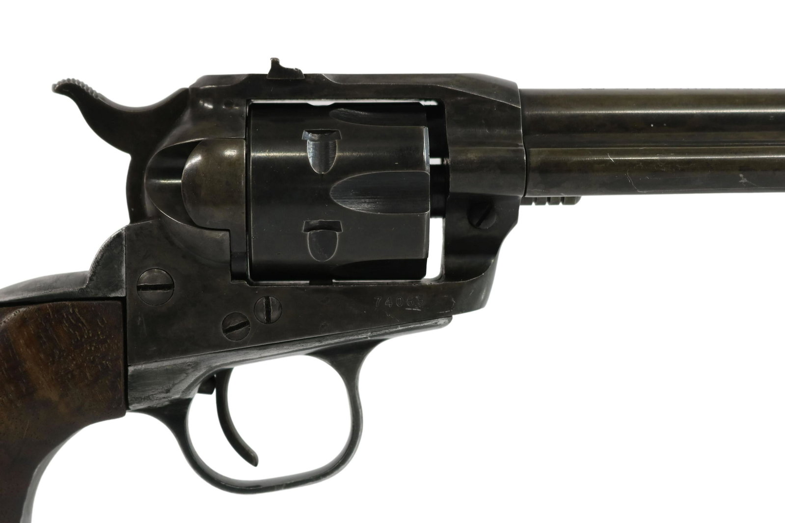 RUGER SINGLE SIX REVOLVER, .22 CALIBER: Ruger Single Six revolver, .22caliber, 5.5" barrel, six round cylinder, wood grips, left grip with wood loss, SN 740XX *REQUIRES FFL TRANSFER* Start Price: $150.00