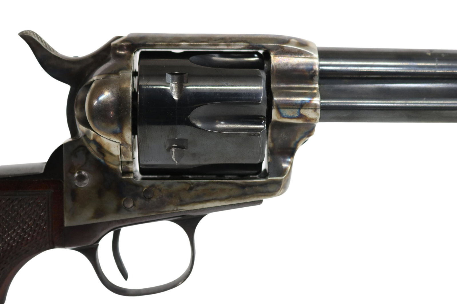UBERTI COLT THUNDERER SA REVOLVER, .45 CALIBER: Uberti Colt Thunderstorm Thunderer single action revolver, .45 caliber, six round cylinder, 3.5" barrel, colorful case hardened frame, checkered walnut grips, SN C1121XX *REQUIRES FFL TRANSFER* Start 