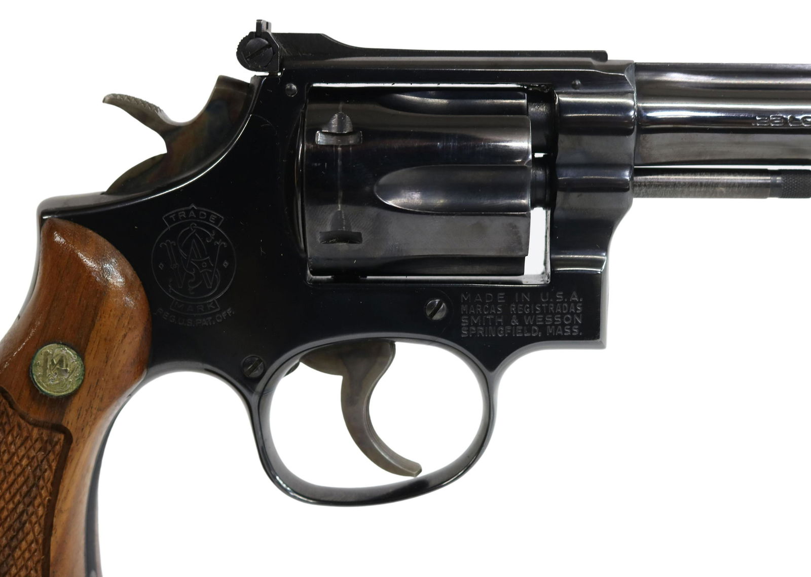 SMITH & WESSON M18-4 REVOLVER, .22LR CALIBER, BOX: Smith & Wesson Model 18-4 Combat Master Revolver, .22LR caliber, six round swing out cylinder, 4" barrel, blued finish, S&W wood grips, original S&W box, papers, cleaning equipment, SN 23K92XX *REQUIR