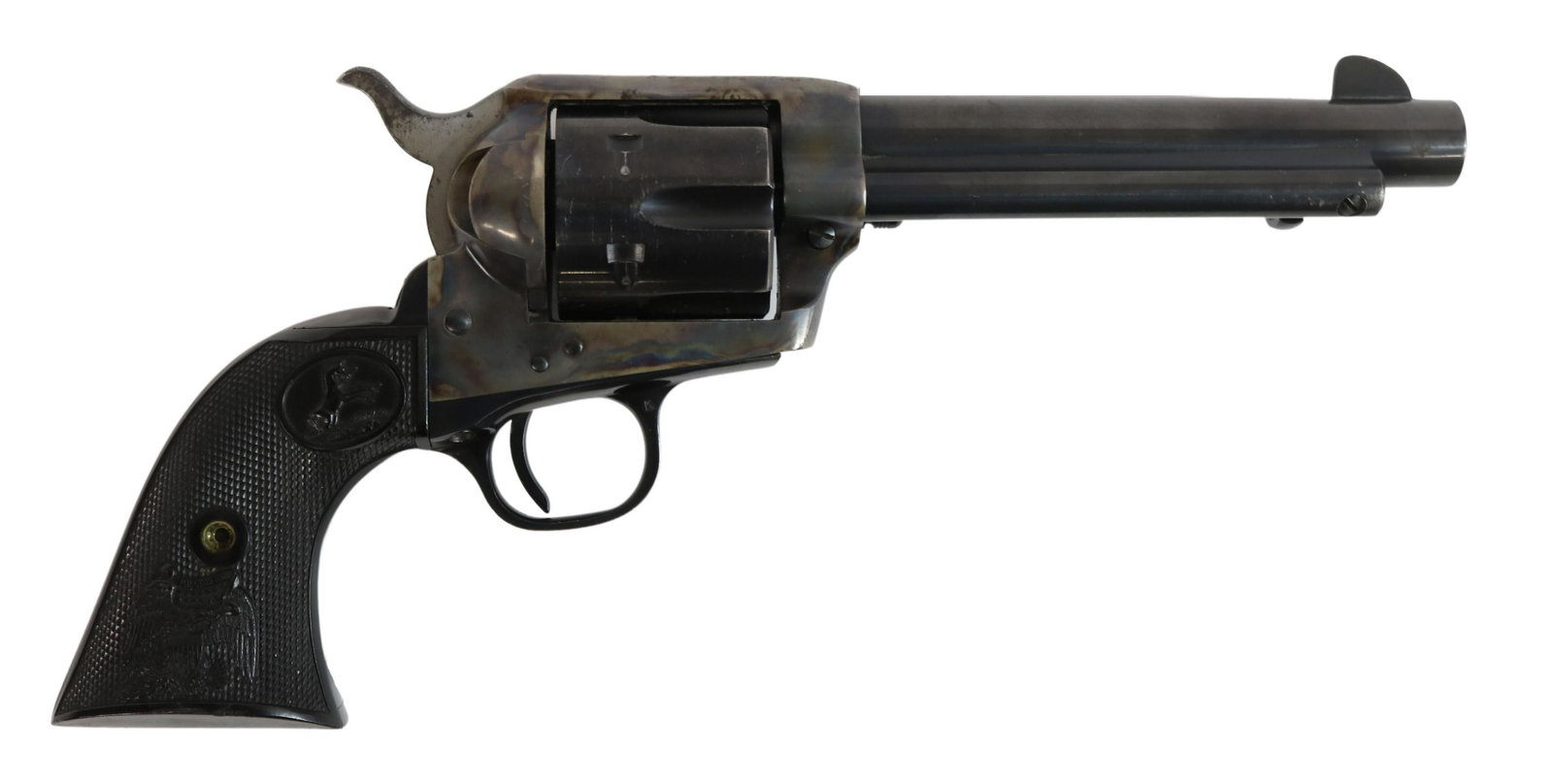 COLT SINGLE ACTION ARMY .45 REVOLVER, 3RD GEN: Colt Single Action Army Pistol, 3rd Generation, .45LC caliber, 5.5 barrel, six round cylinder, black grips with Rampant Colt and Eagle, original Colt box, SN 564XXA *REQUIRES FFL TRANSFER* (7) *Proven