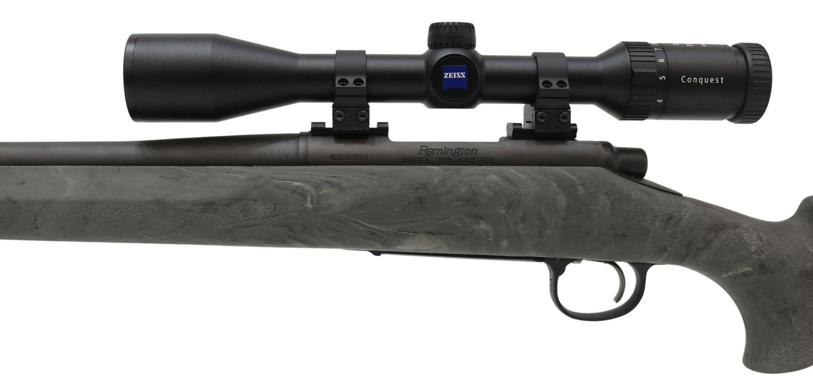 REMINGTON 700AAC-SD .308 CAL RIFLE & ZEISS SCOPE: Remington Model 700 AAC-SD rifle, .308 caliber, bolt action, 21" heavy barrel with muzzle threaded for sound suppressor, mounted Zeiss Conquest 3-9x40MC scope, Ghillie Green Hogue synthetic stock with