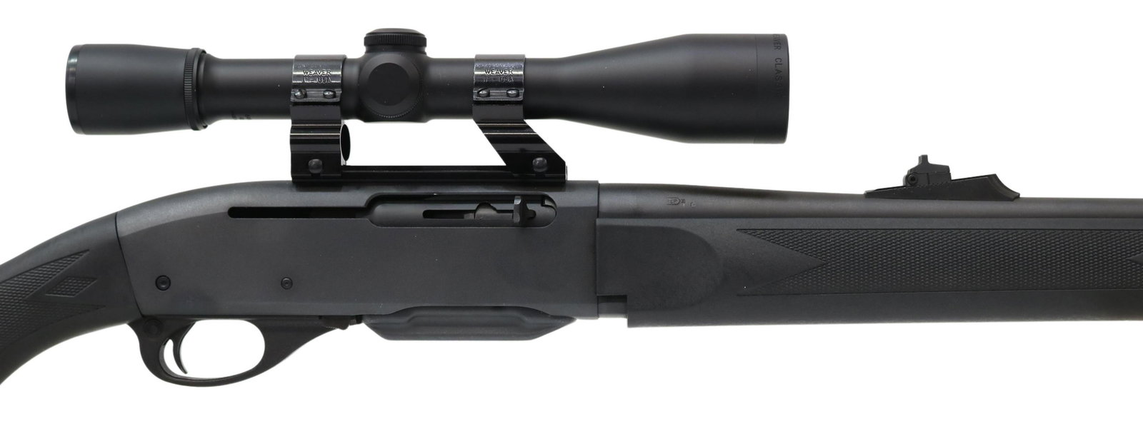 REMINGTON M7400 RIFLE .308CAL, WEAVER SCOPE: Remington Model 7400 rifle, .308Win caliber, auto load, detachable four round magazine, 23.5" barrel, fixed front sight, adjustable rear sight, mounted Weaver 4x38 scope, black synthetic checkered sto