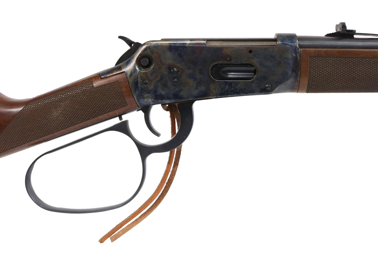 WINCHESTER 94AE LOOP LEVER TRAPPER, 16" BRL .45: Winchester Model 94AE Trapper Carbine, appears as not fired, .45 Colt caliber, large loop lever action, 16" round barrel, fixed front sight, adjustable rear sight, tubular magazine, colorful case hard