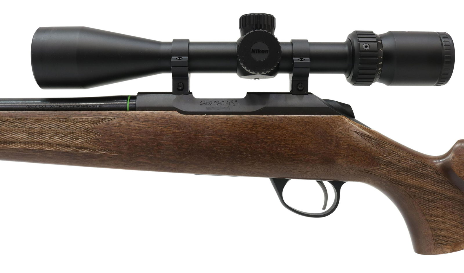 SAKO MP04R .22LR RIFLE & MOUNTED NIKON PR52 SCOPE: Sako Model P04R rifle, bolt action, .22LR caliber, 22" barrel, detachable magazine, mounted Nikon PR52 Prostaff, 3-12x42 scope, hardwood stock with cheek piece, appears in excellent condition, SN N304