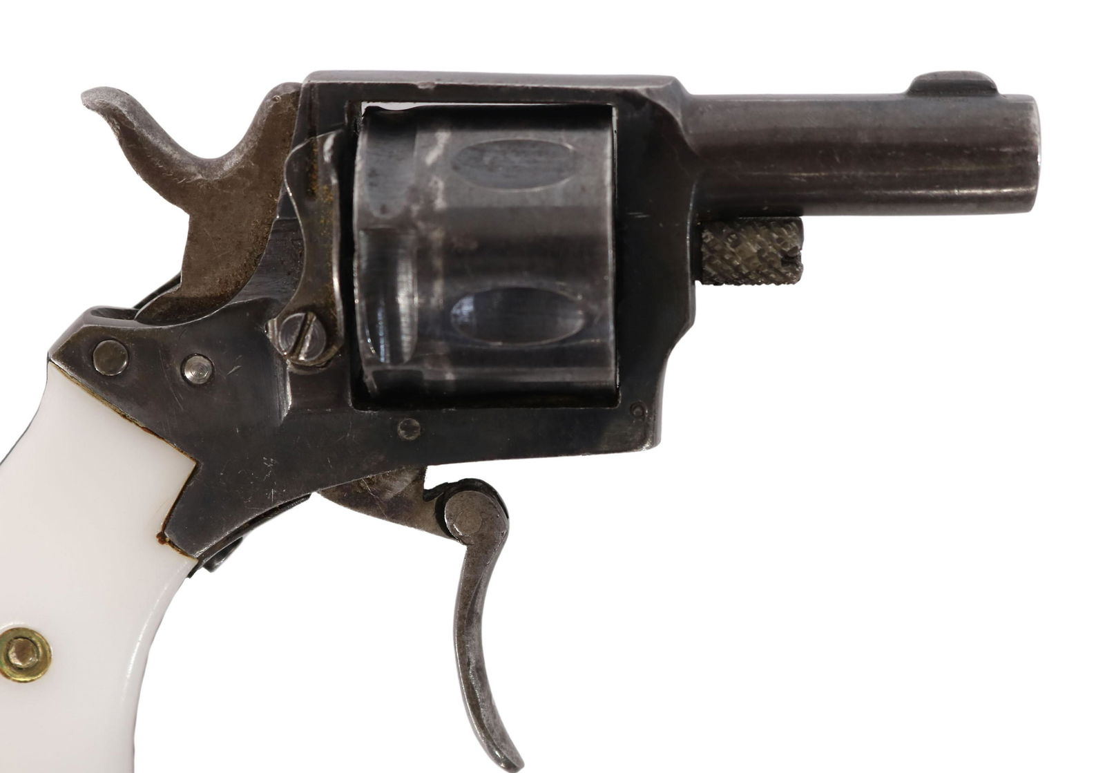 GERMAN .320 CALIBER REVOLVER, FOLDING TRIGGER: German Bulldog Revolver, .320 caliber, double action, six round cylinder with German proof mark eagle over N (nitro), 1.5/8" barrel, illegible possible maker mark left frame KP ?, folding trigger, lef
