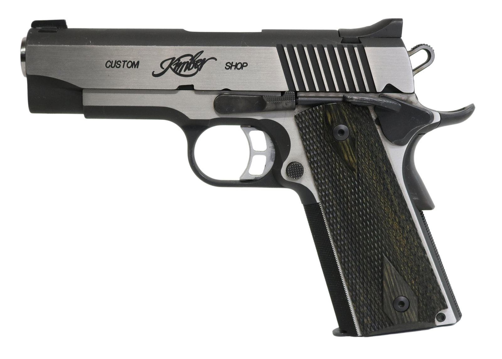 KIMBER CUSTOM SHOP PRO ECLIPSE II .45 CAL PISTOL: Kimber Model Pro Eclipse II pistol, Kimber Custom Shop.45 caliber, 4" barrel, Parkerized and Brushed stainless steel finish, checkered wood grips, eight round magazine, Start Price: $500.00