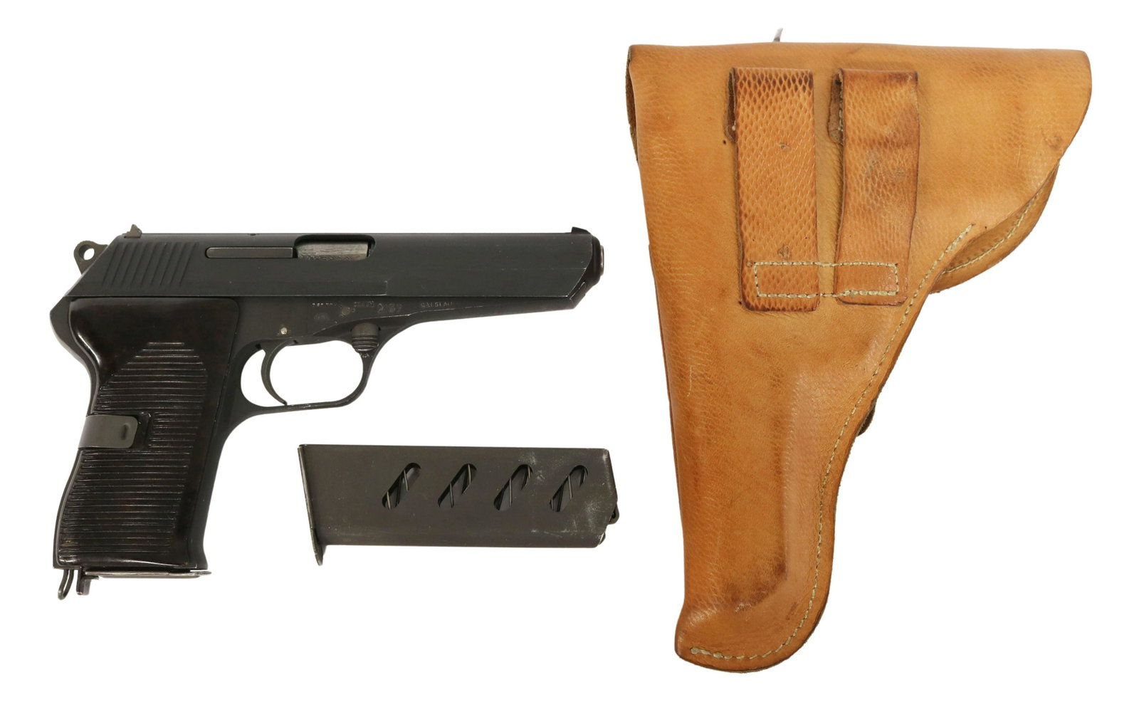 CZECH CZ 52 PISTOL, 7.62 CAL, HOLSTER: Czech Model CZ 52 pistol, 7.62 x 25 caliber, mfg. 1953, military surplus, 4.7"barrel, detachable magazine, bakelite brown grips, lanyard ring, green lanyard, leather holster, spare magazine, tool, thr