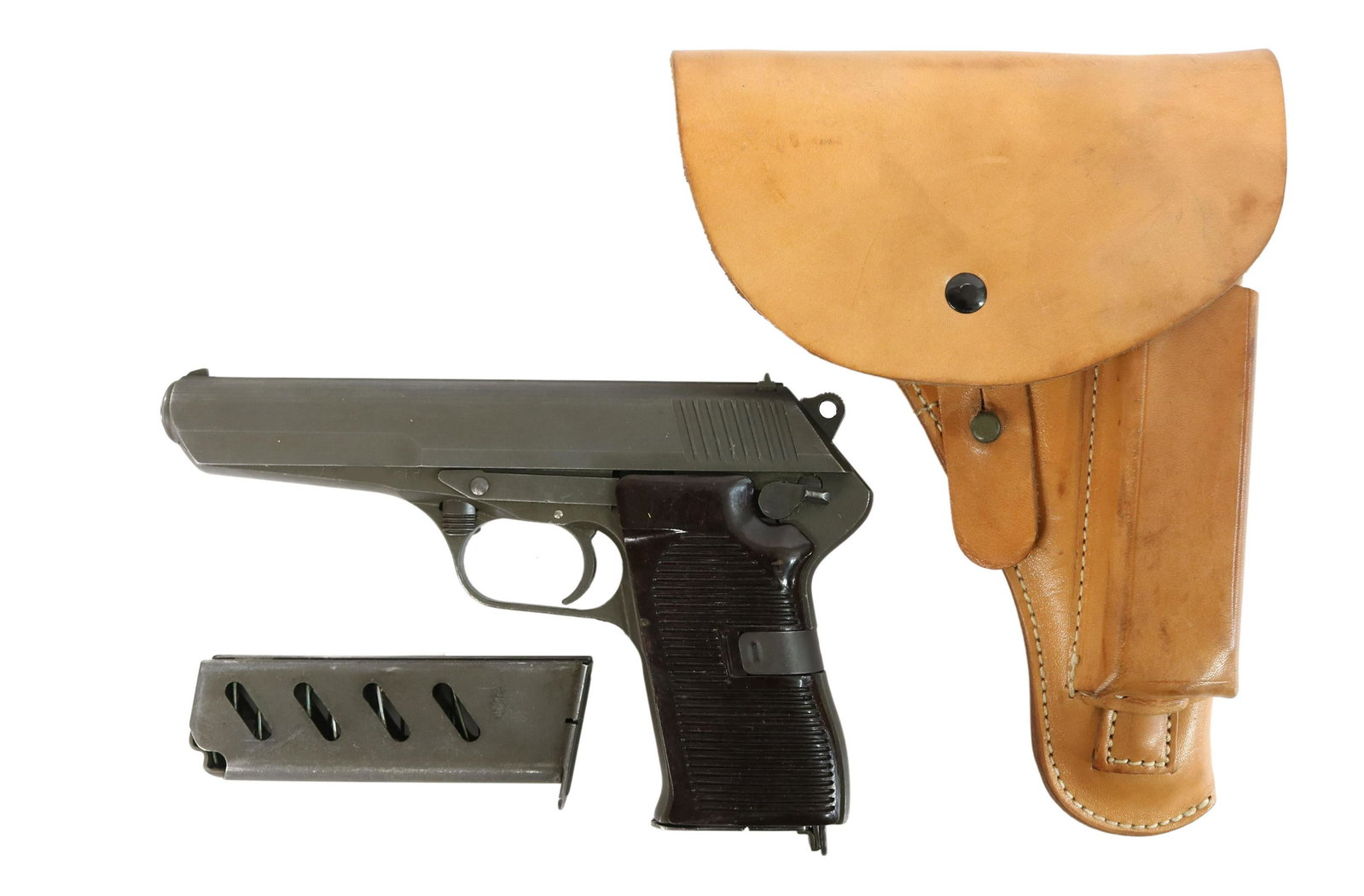 CZECH CZ 52 PISTOL, 7.62 CAL, HOLSTER: Czech Model CZ 52 pistol, 7.62 x 25 caliber, mfg. 1954, military surplus, appears as not fired, 4.7"barrel, detachable magazine, bakelite brown grips, lanyard ring, green lanyard, leather holster, spa