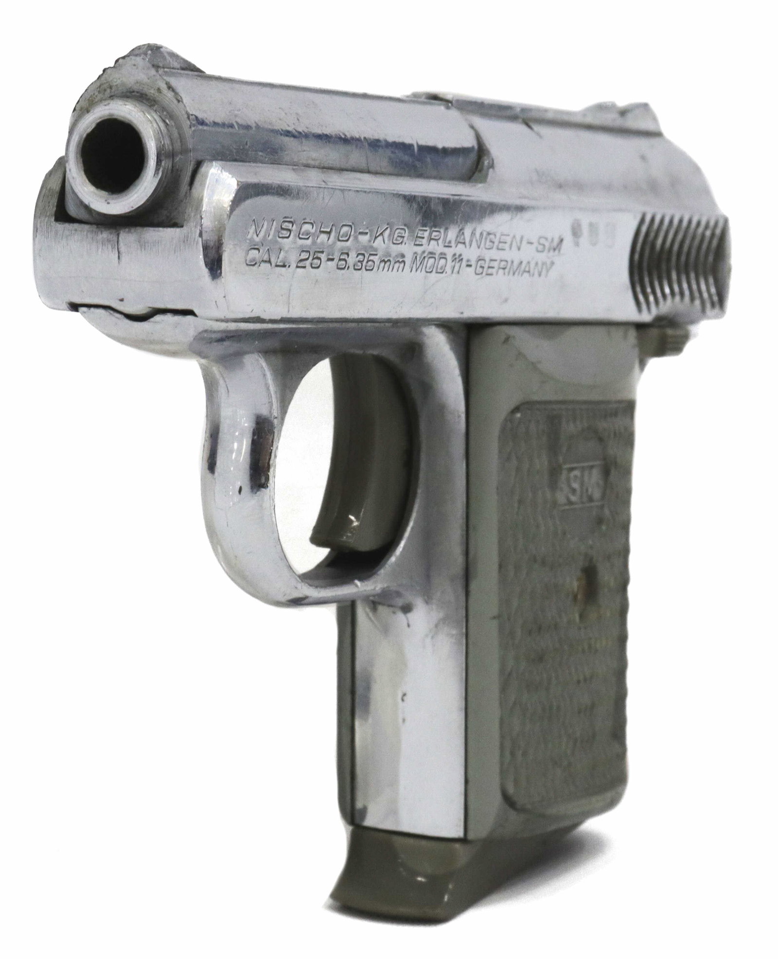 WISCHO-KG. ERLANGEN-SM MODEL 11 PISTOL, .25ACP: Wischo-KG. Erlangen-SM Model 11 pistol, .25ACP caliber, 2.25' barrel, 5 round detachable magazine, chrome finish, original box, SN 121XXX *REQUIRES FFL TRANSFER* Start Price: $100.00