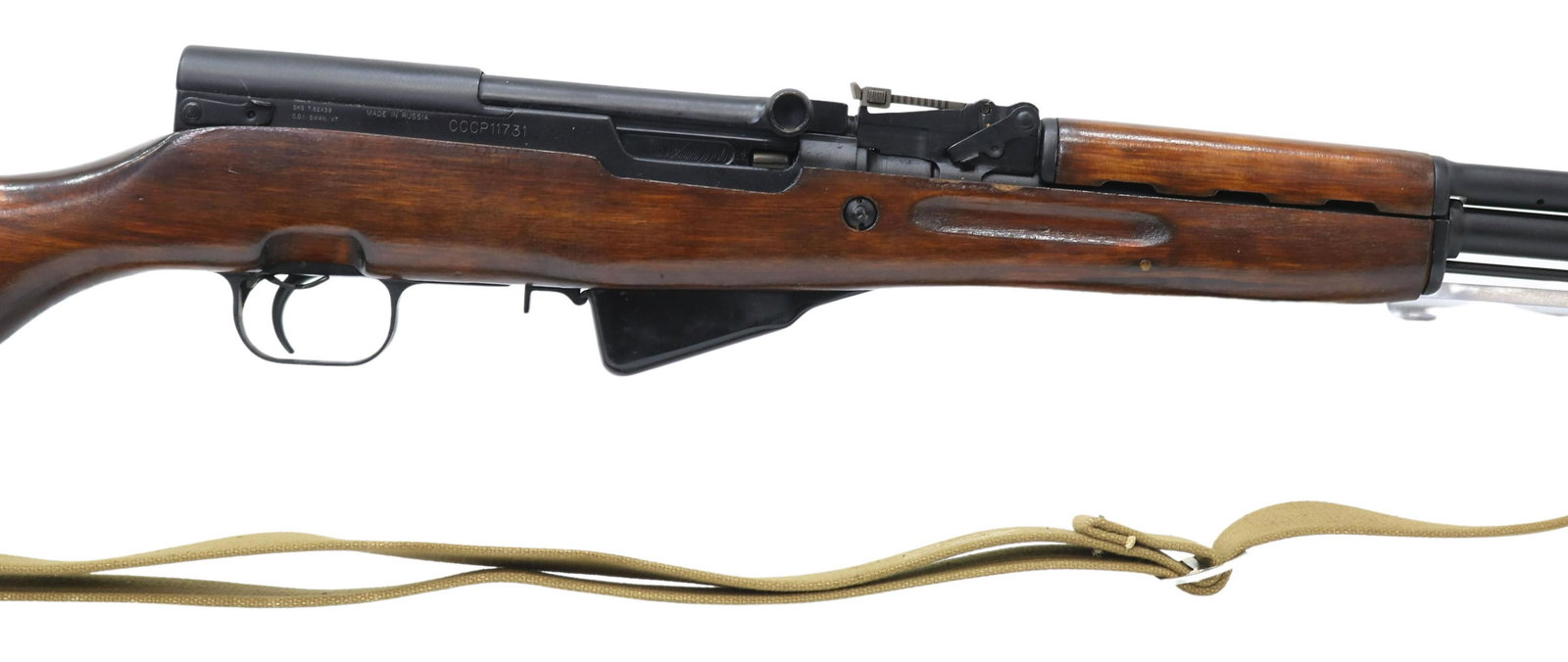 RUSSIAN SKS SEMI AUTO RIFLE WITH BAYONET: Russian SKS rifle, semi-automatic, Tula Arsenal, mfg. 1951, refurbished military surplus in excellent condition appearing as unfired, 7.62mm caliber, 20" barrel, hooded front sight, adjustable rear si